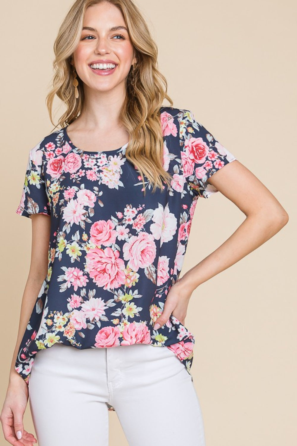 BOMBOM Floral Round Neck Short Sleeve T-Shirt Trendsi