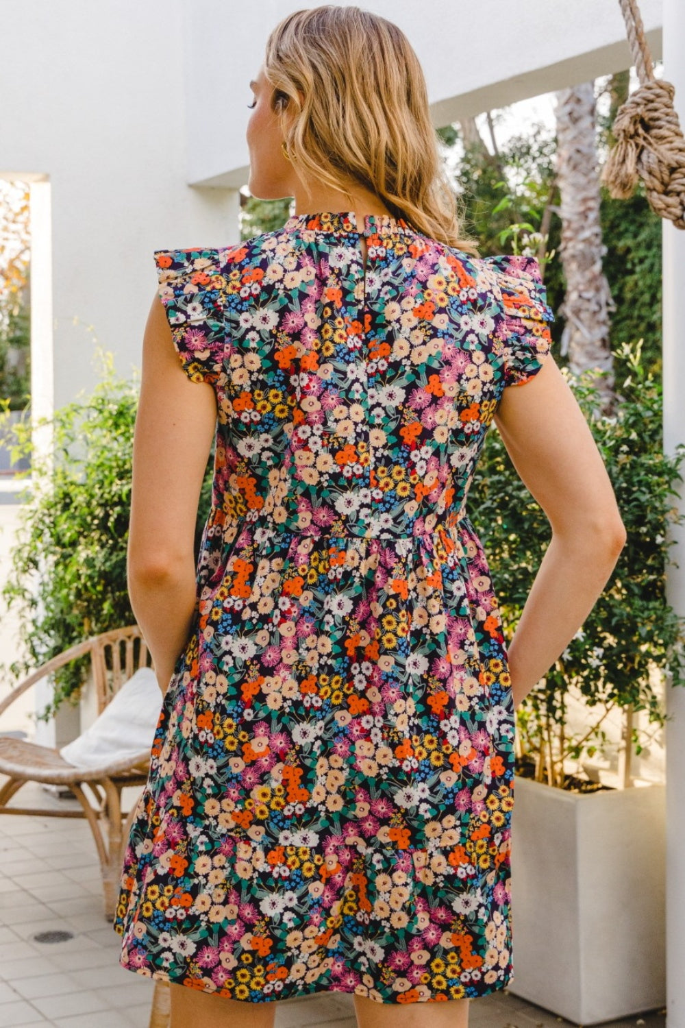 ODDI Full Size Floral Ruffled Cap Sleeve Mini Dress Trendsi