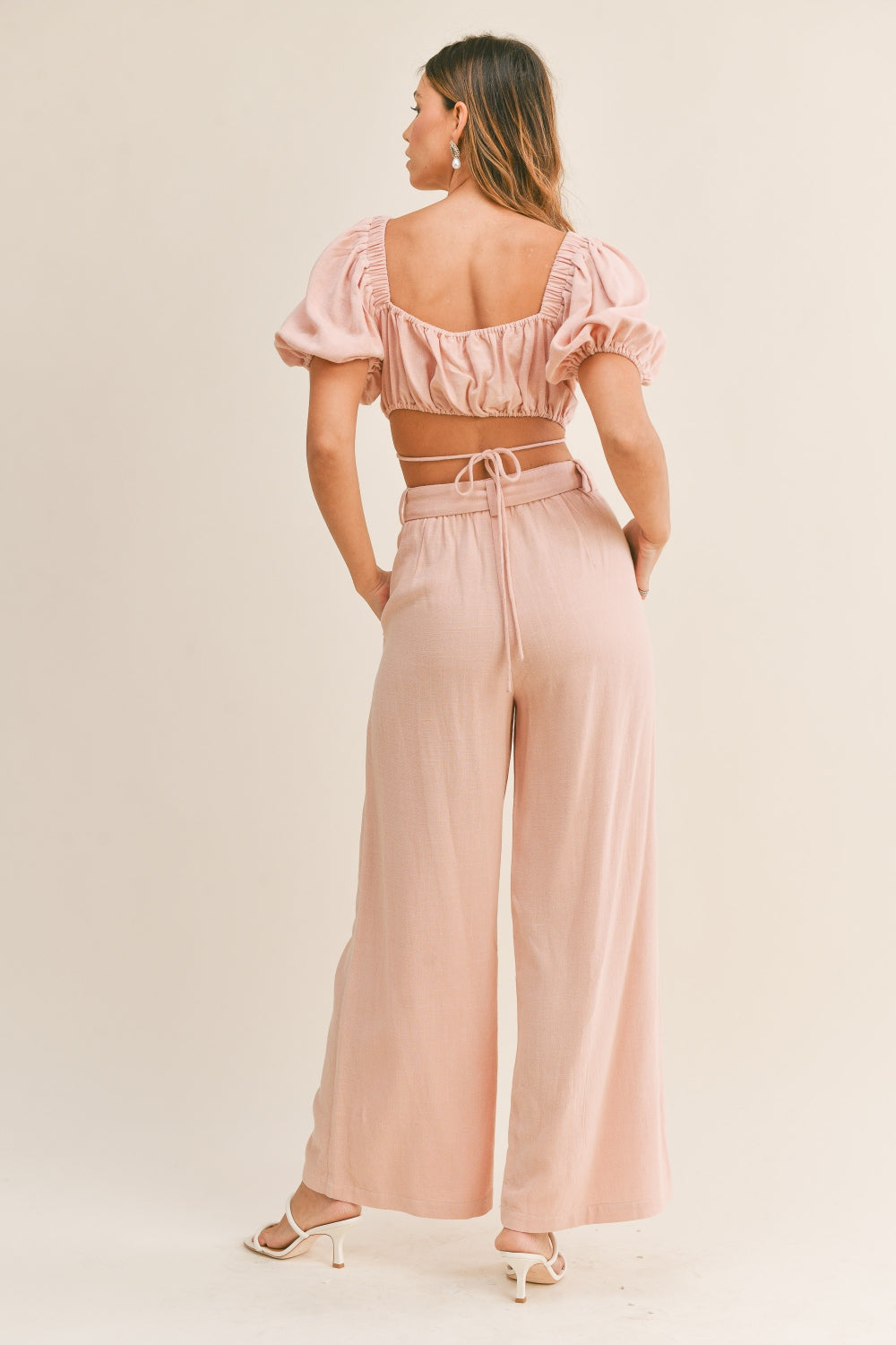 MABLE Cut Out Drawstring Crop Top and Belted Pants Set Trendsi
