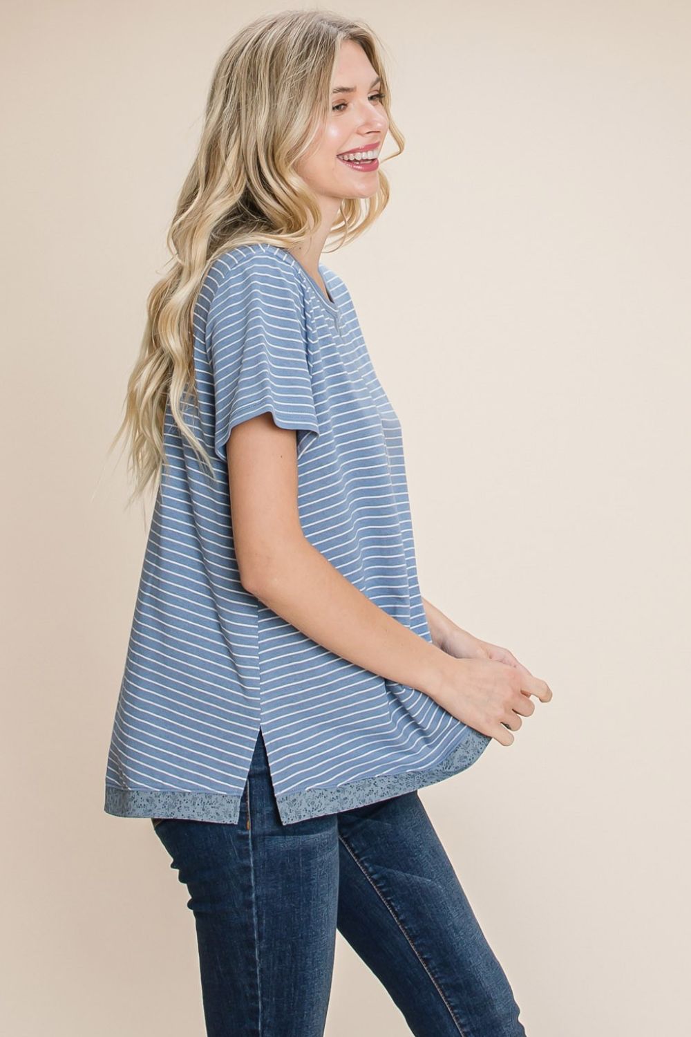 Cotton Bleu by Nu Lab Slit Striped Notched Short Sleeve T-Shirt Trendsi
