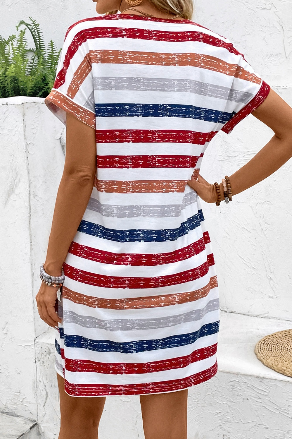 Striped V-Neck Short Sleeve Dress Trendsi