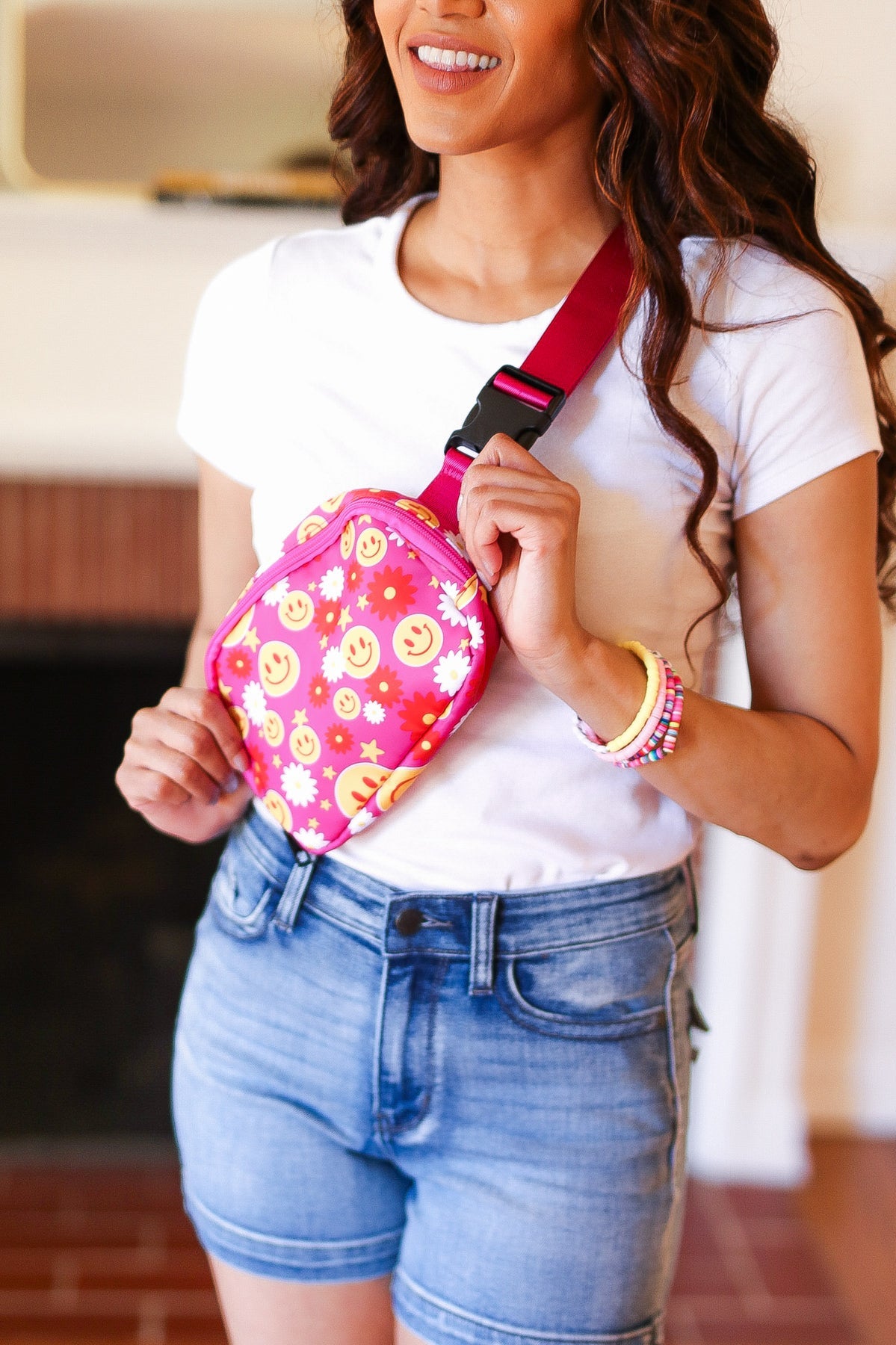 Hot Pink Smiley Face & Flowers Crossbody Belt Sling Bag Jane Claire