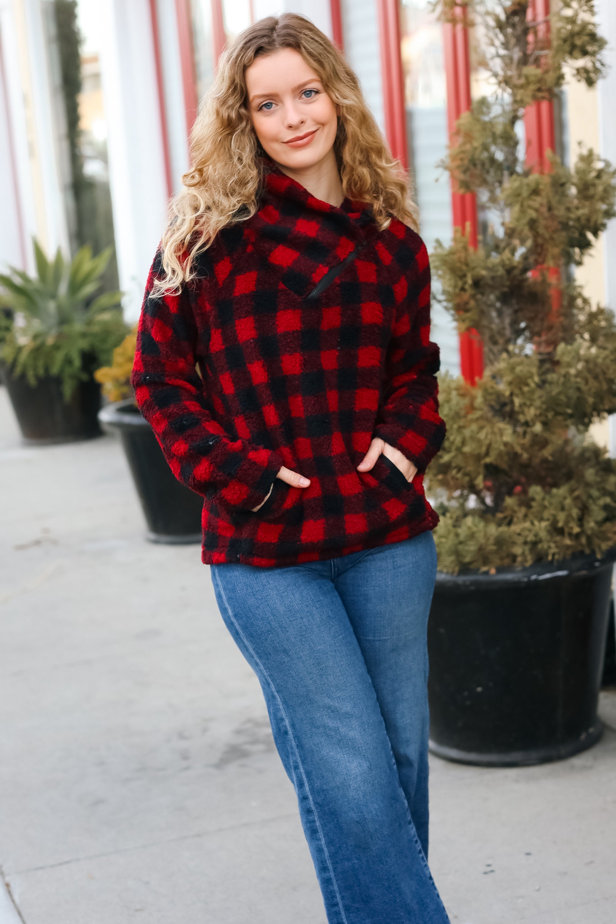 So Cozy Red Sherpa Plaid Asymmetrical Zip Sweater Top Hem & Thread