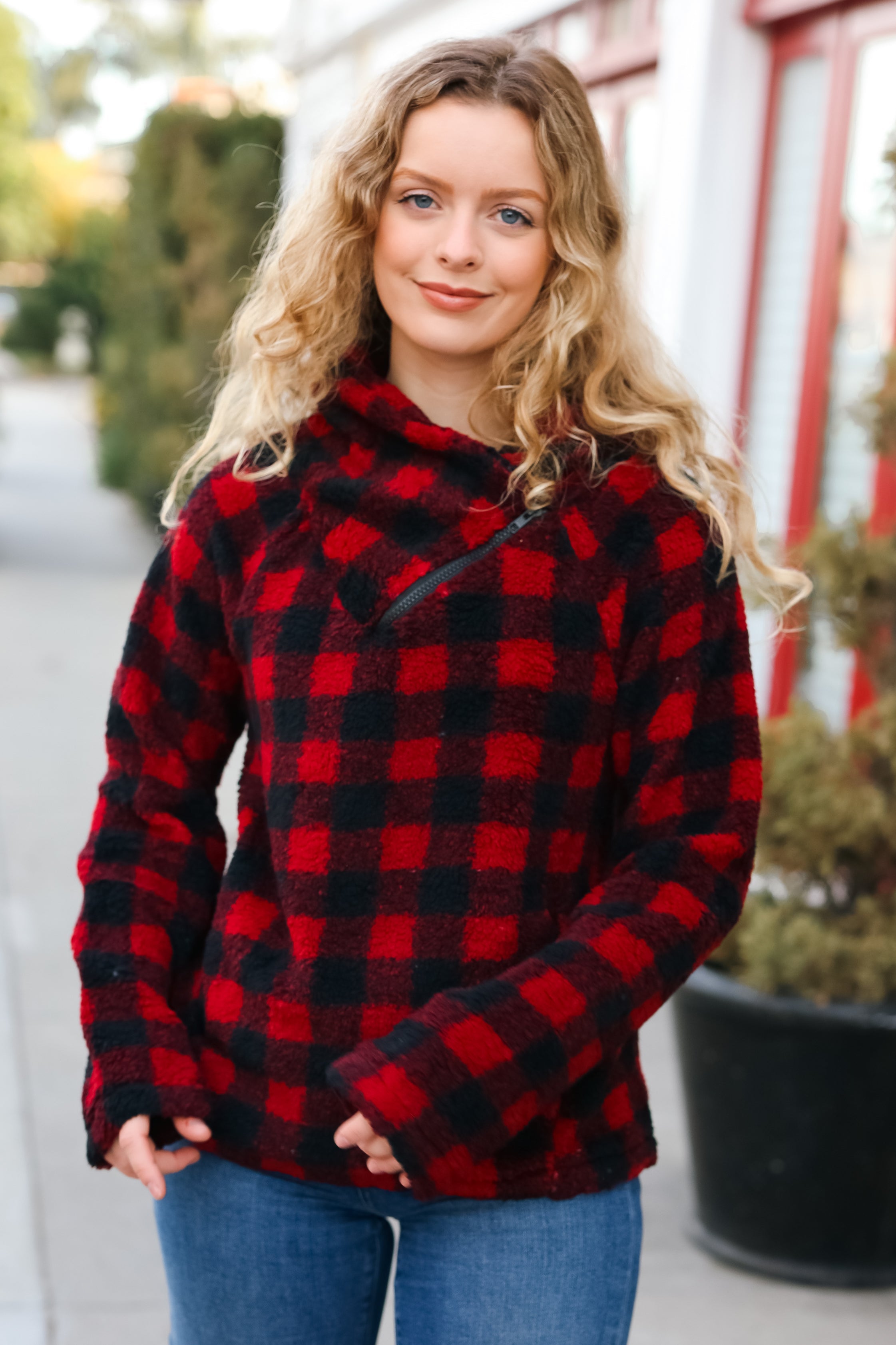 So Cozy Red Sherpa Plaid Asymmetrical Zip Sweater Top Hem & Thread