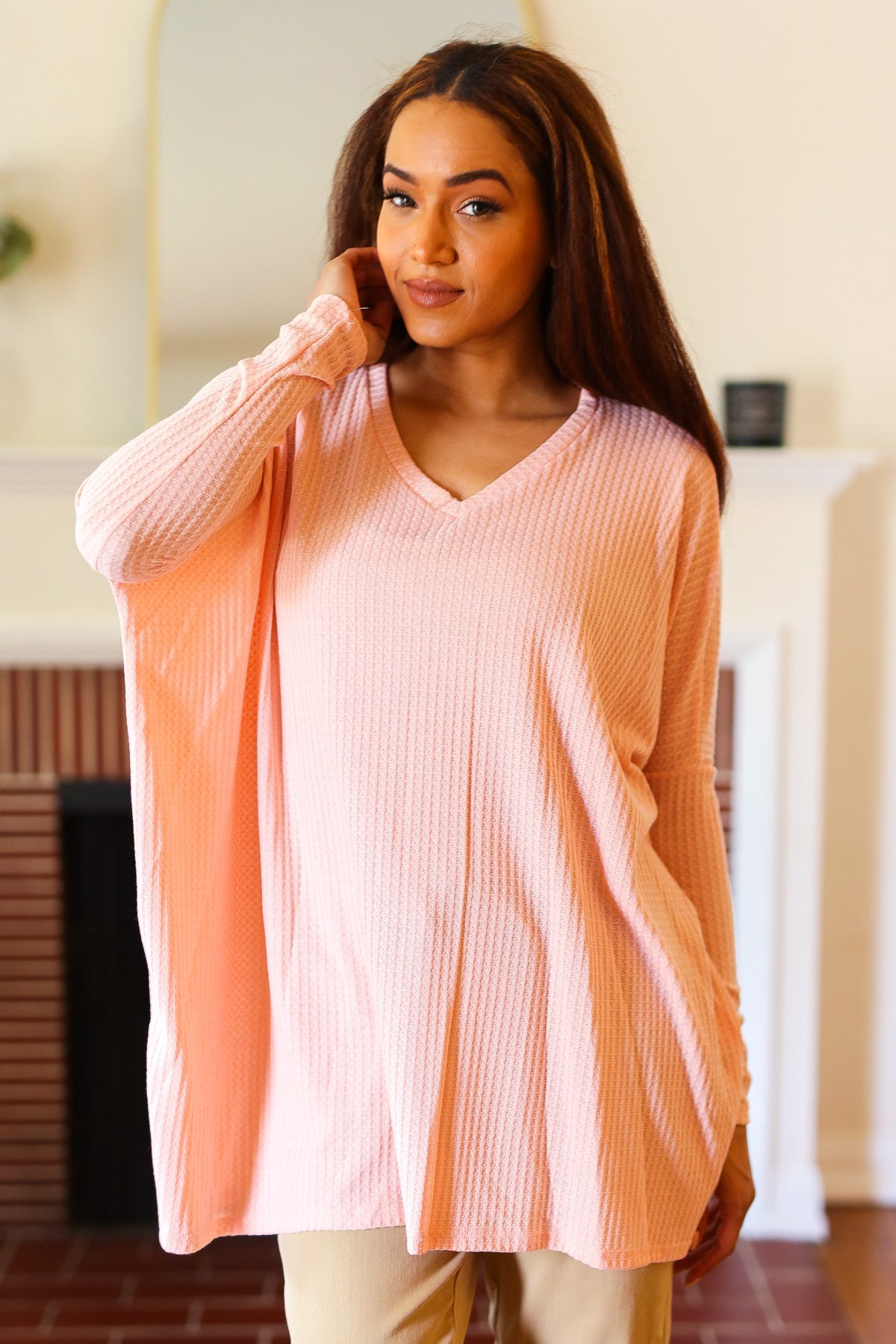 All For Love Peach Waffle Knit V Neck Dolman Top Red Lolly
