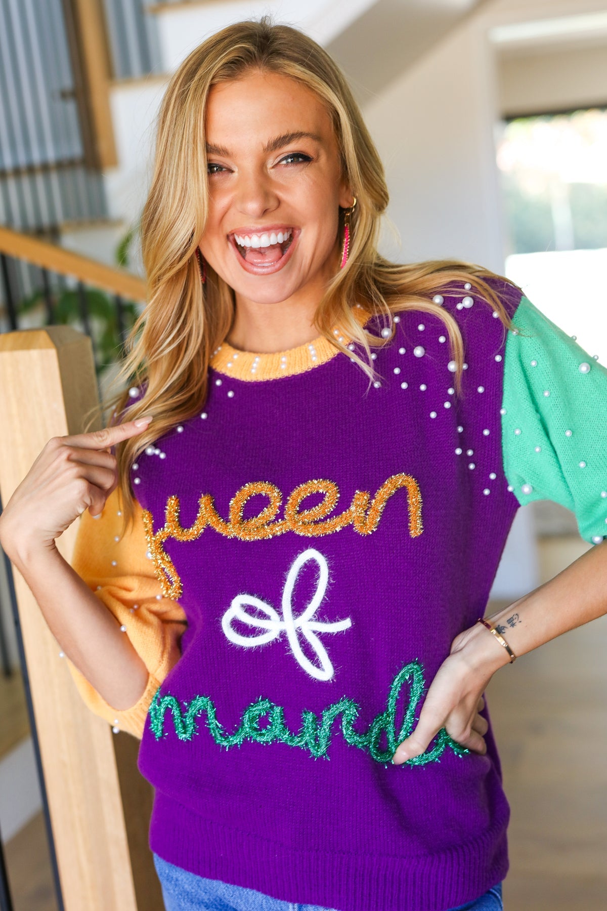 "Queen of Mardi" Pearl & Tinsel Color Block Knit Top BIBI