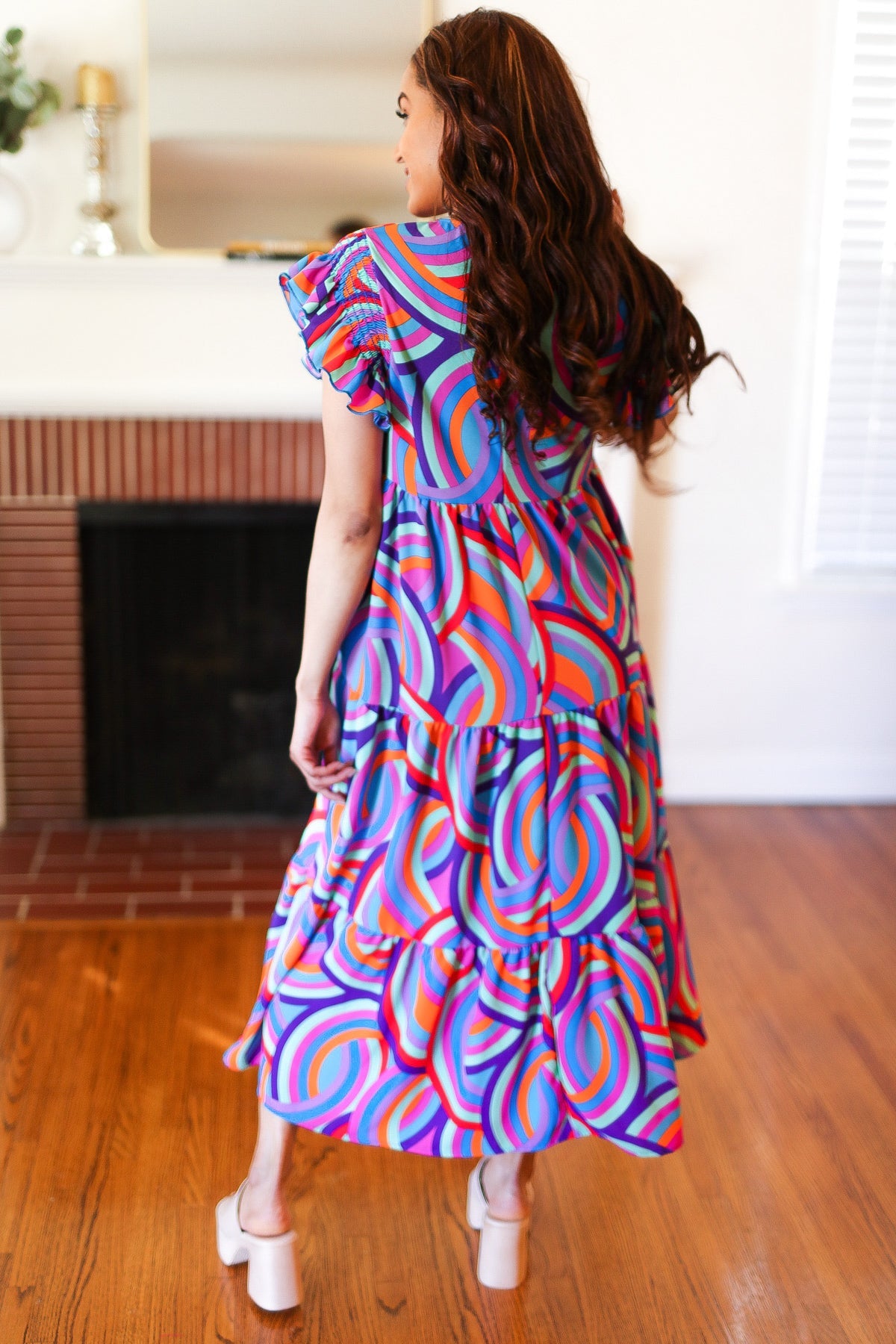 Feel Your Best Purple Abstract Print Smocked Ruffle Sleeve Maxi Dress Haptics