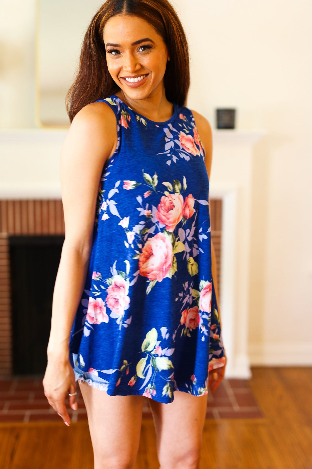 Sunny Days Navy Blue Floral Print Sleeveless Top Beeson River