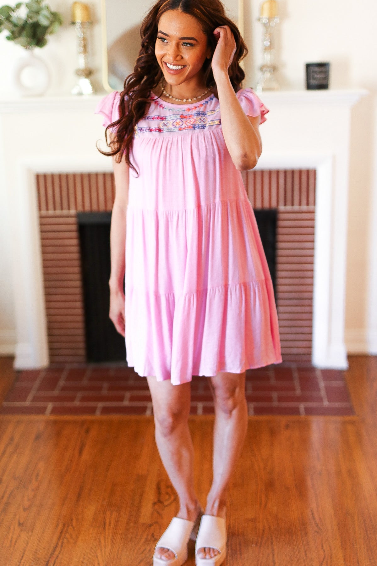 Baby Pink Embroidered Tiered Lined Dress Blu Pepper