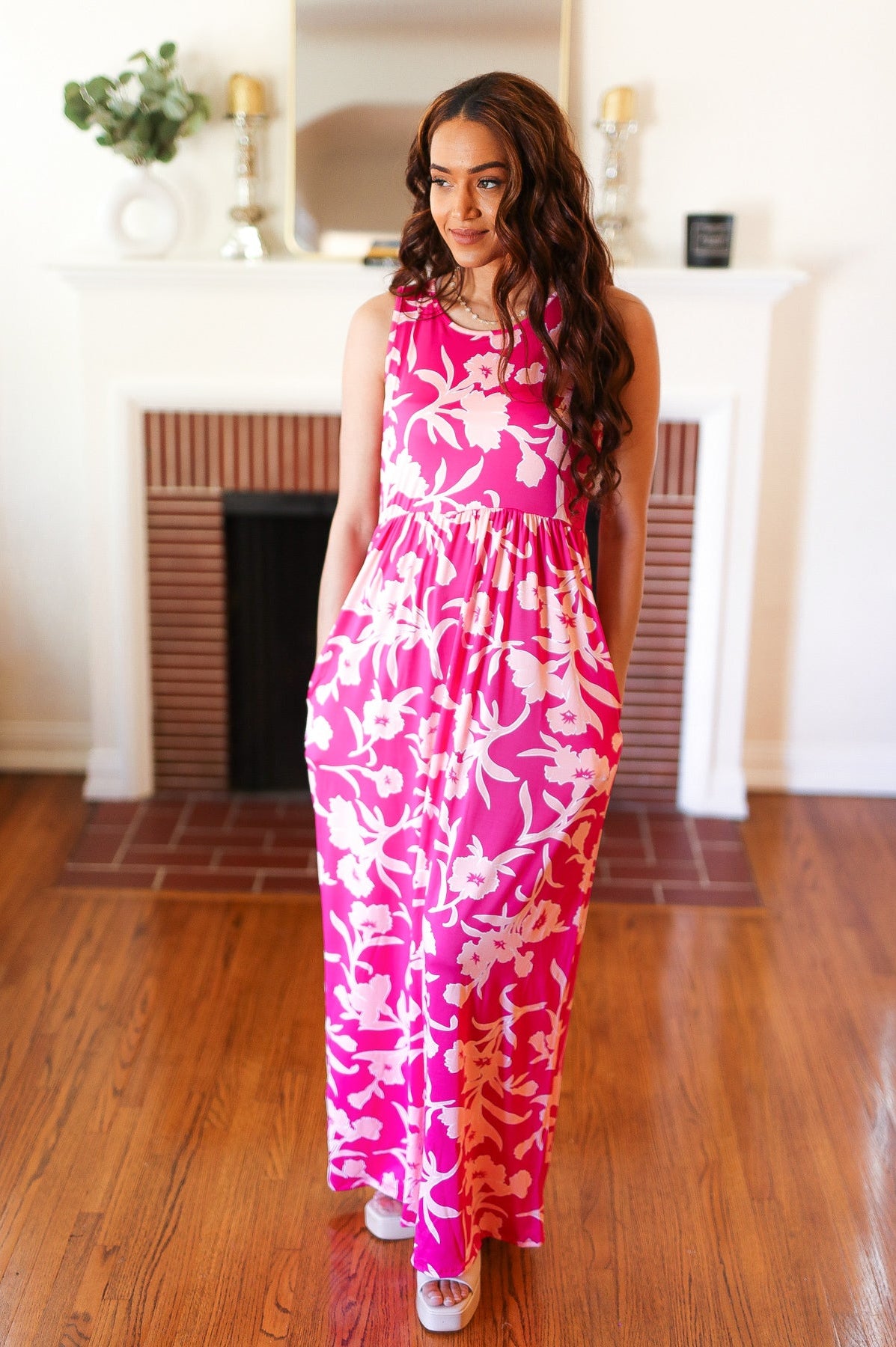 Fuchsia & Pink Big Floral Fit and Flare Sleeveless Maxi Dress Haptics