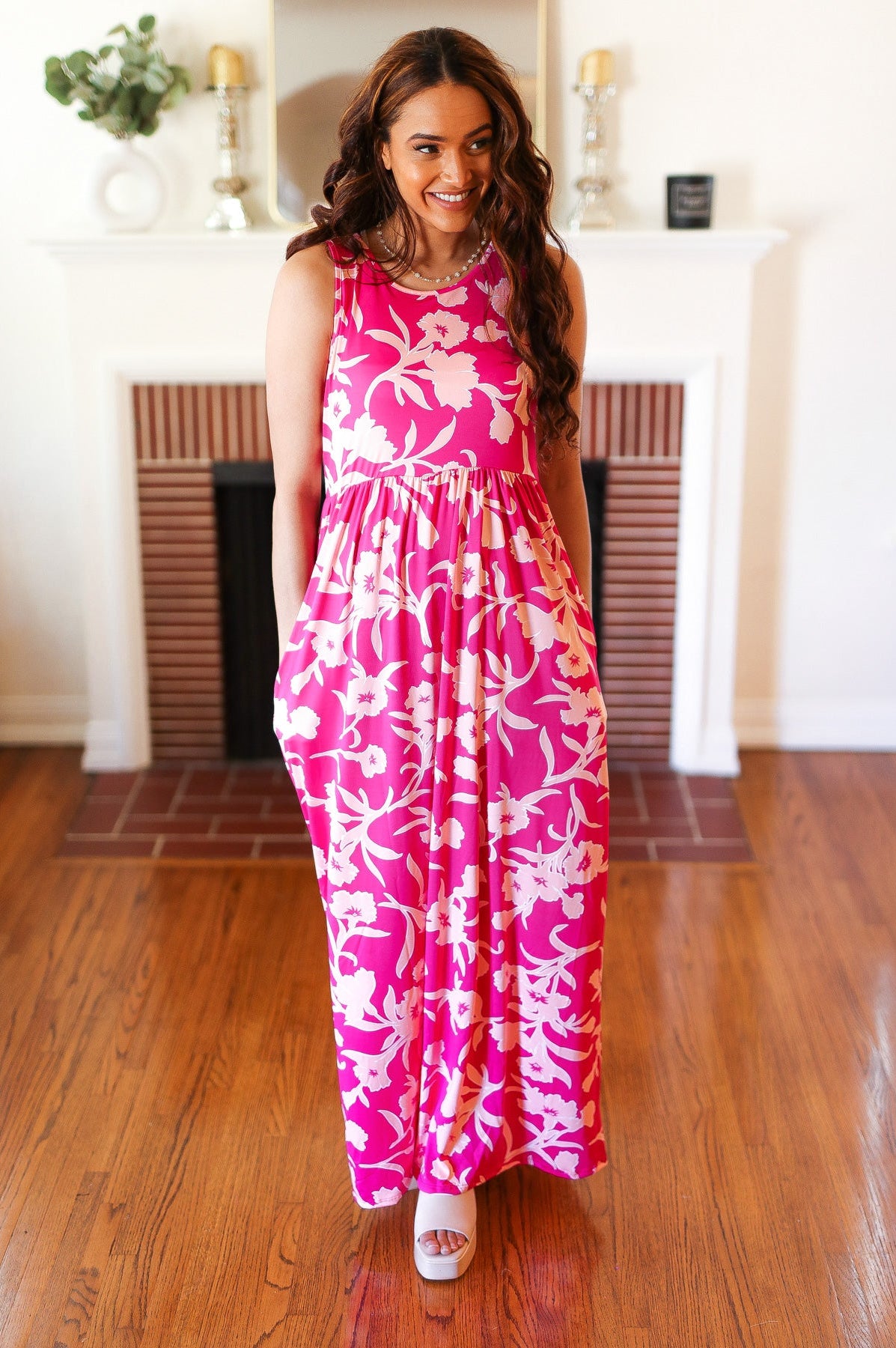 Fuchsia & Pink Big Floral Fit and Flare Sleeveless Maxi Dress Haptics