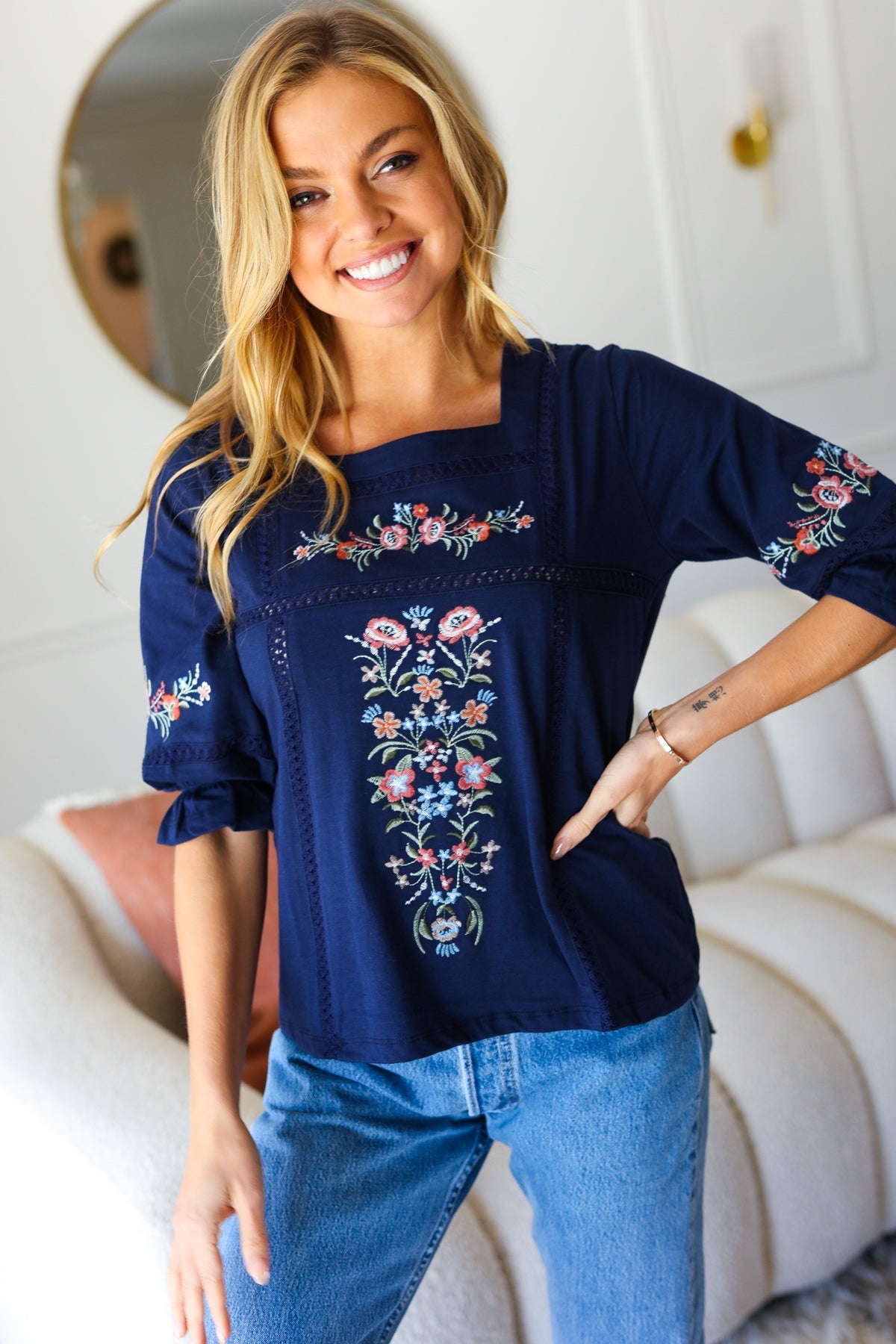 Keep You Close Navy Floral Embroidery Square Neck Blouse Liv Los Angeles