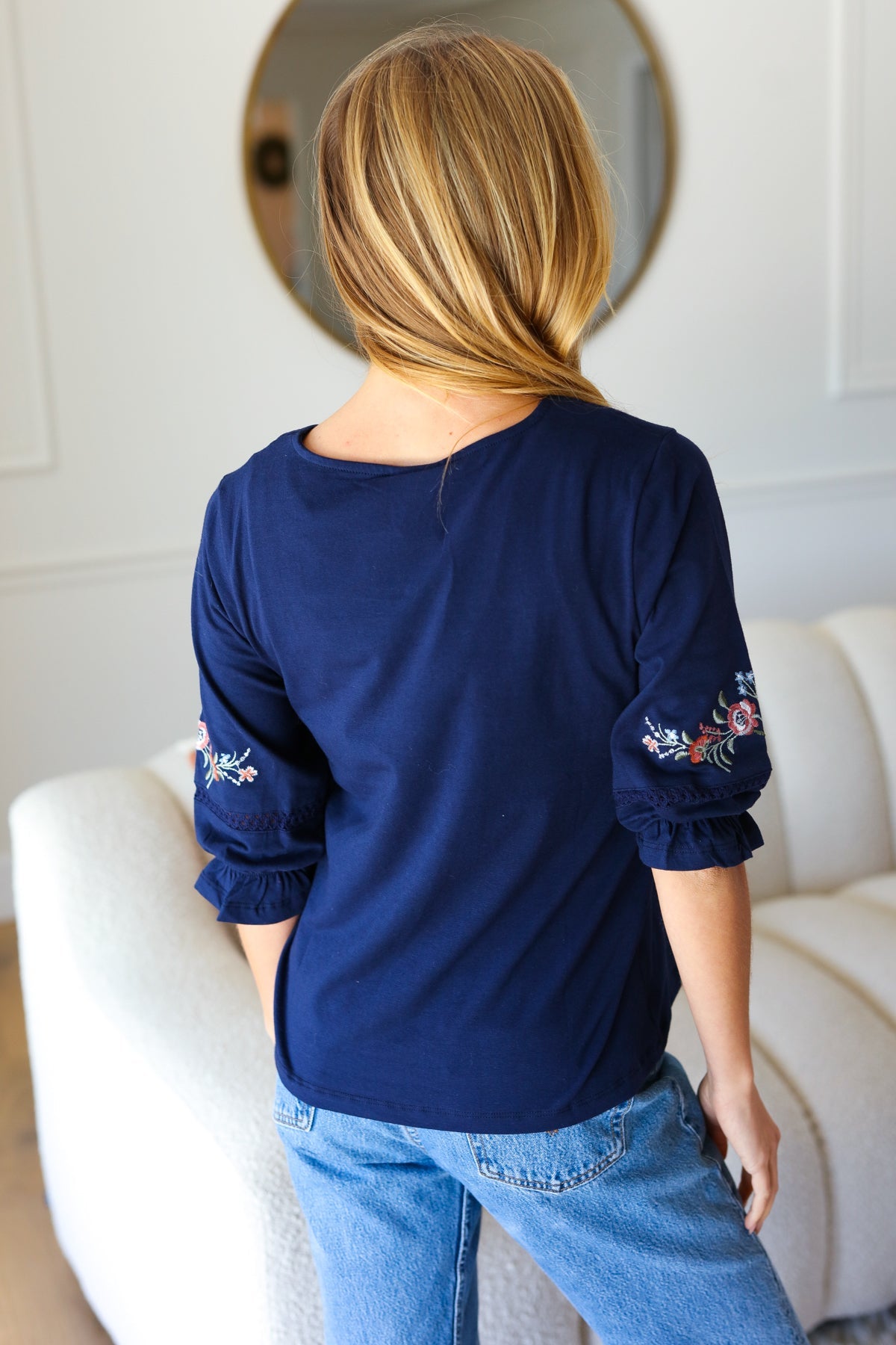 Keep You Close Navy Floral Embroidery Square Neck Blouse Liv Los Angeles