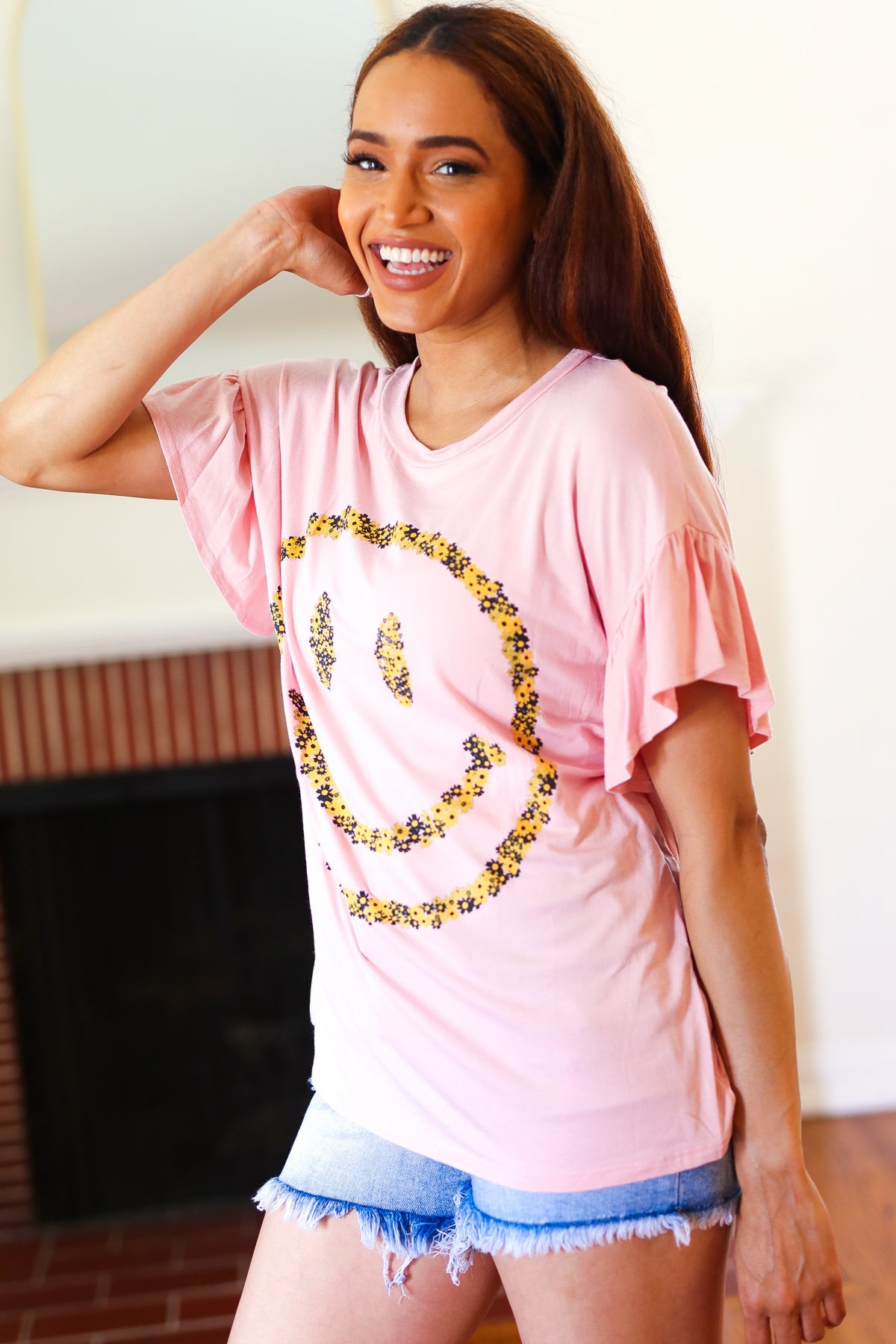 Live For Today Pink Floral Smiley Face Flutter Sleeve Tee Red Lolly