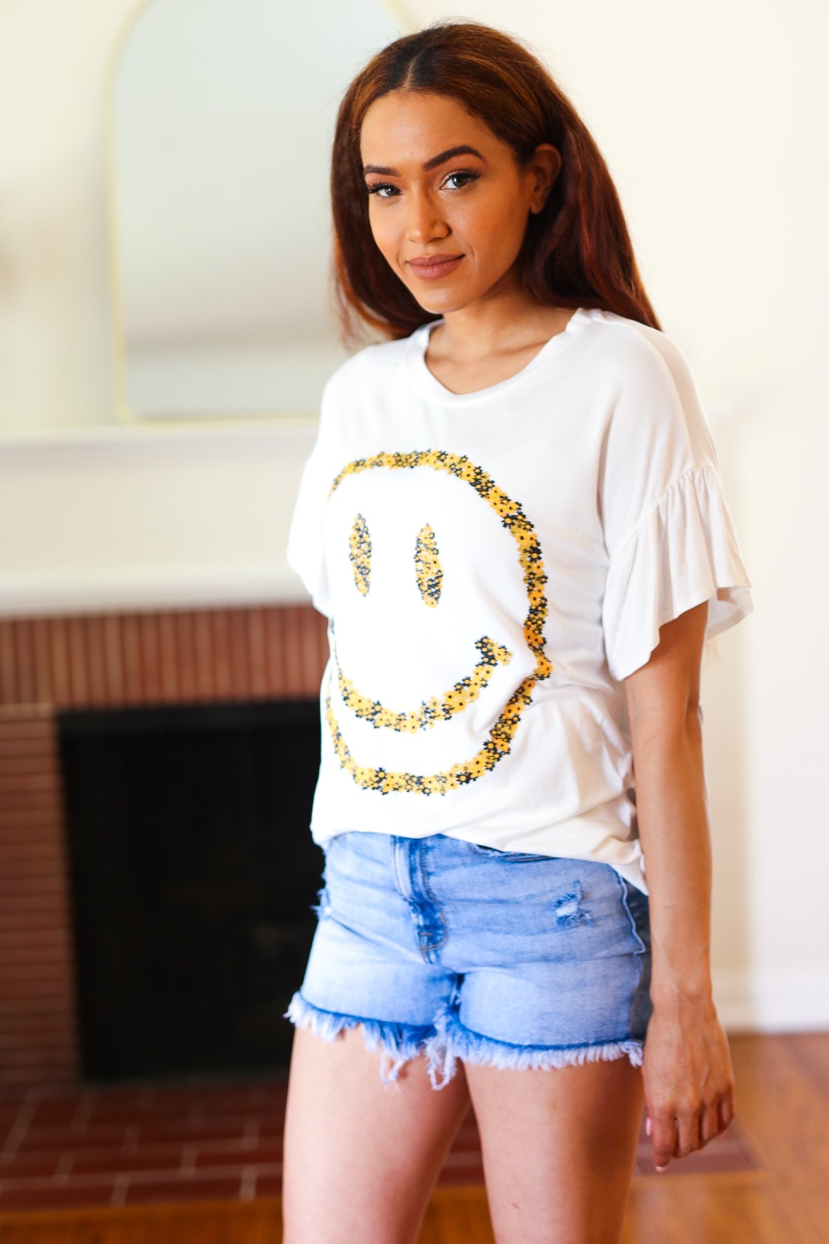 Live For Today White Floral Smiley Face Flutter Sleeve Tee Red Lolly