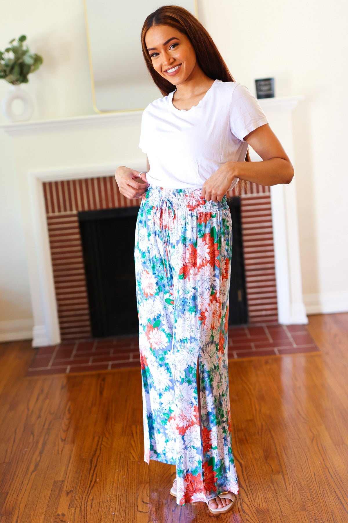 Vacay Vibes Green Floral Smocked Waist Side Slit Palazzo Pants AndTheWhy