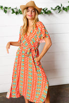 Orange Boho Print Surplice Sash Belt Midi Dress Haptics