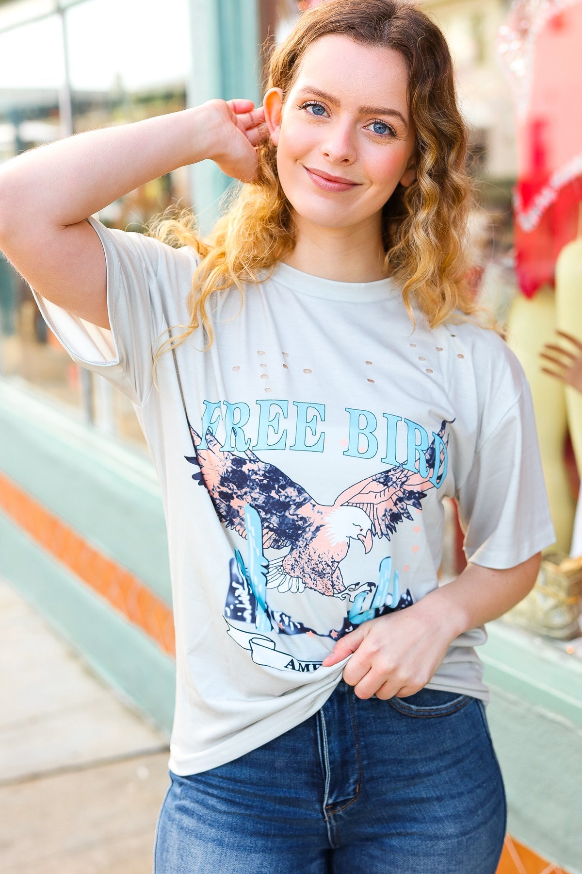Cut Loose Taupe Free Bird Distressed Graphic Tee Hayzel