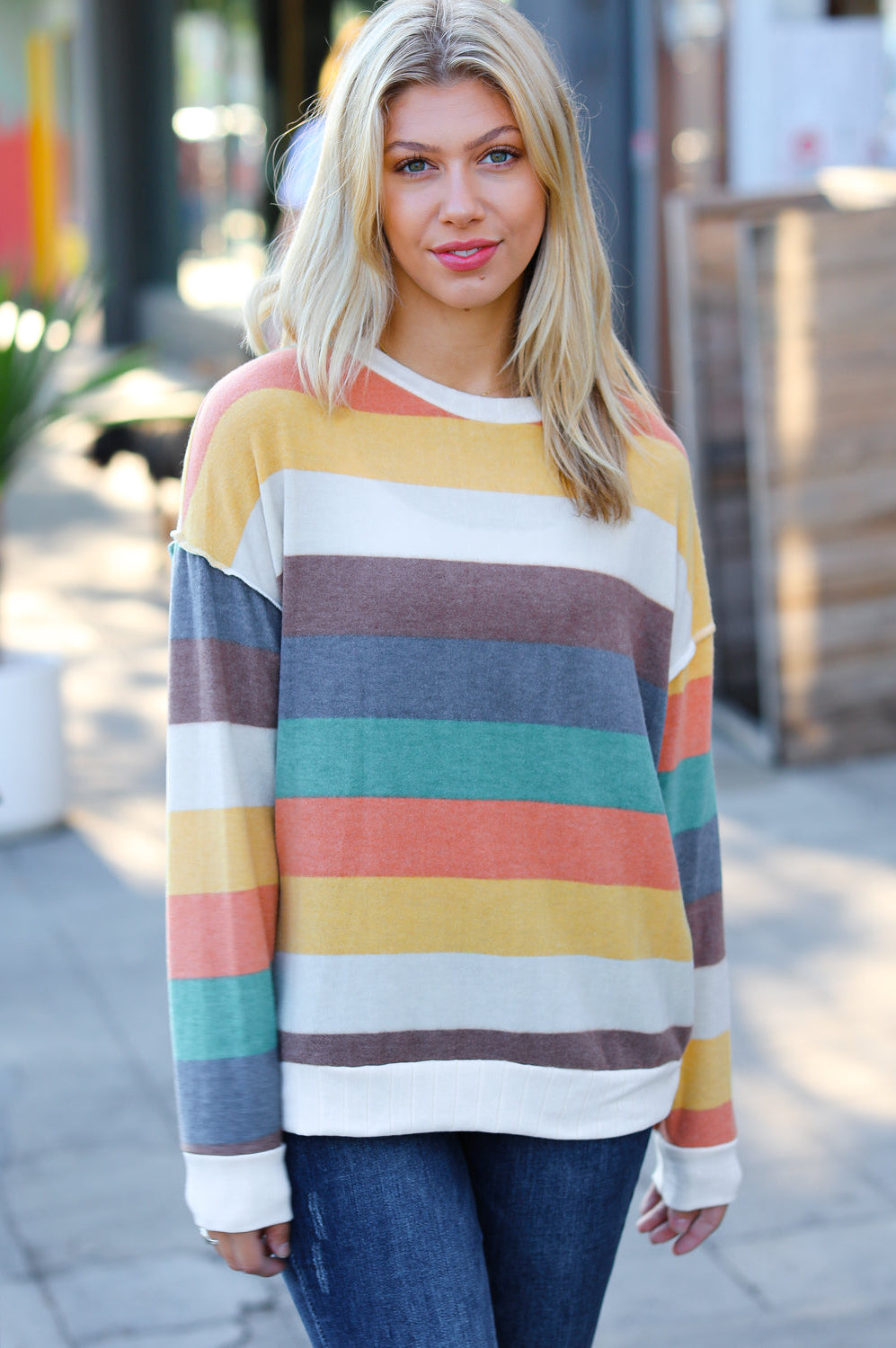 Teal & Mustard Stripe Hacci Outseam Sweater Top Haptics