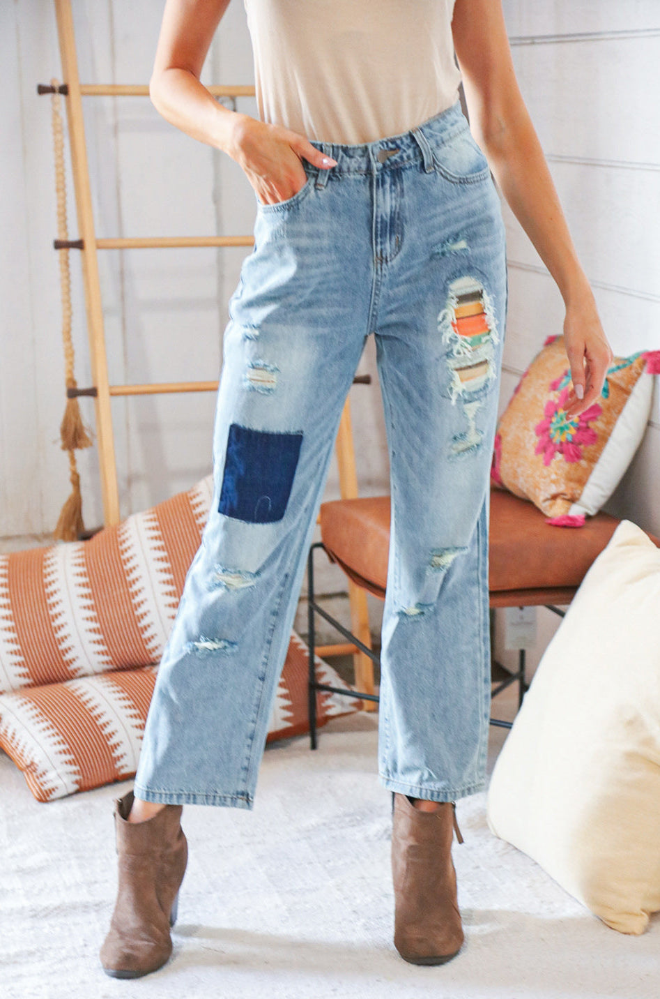 Cotton Washed High Waist Ripped Patchwork Straight Leg Jeans Haptics