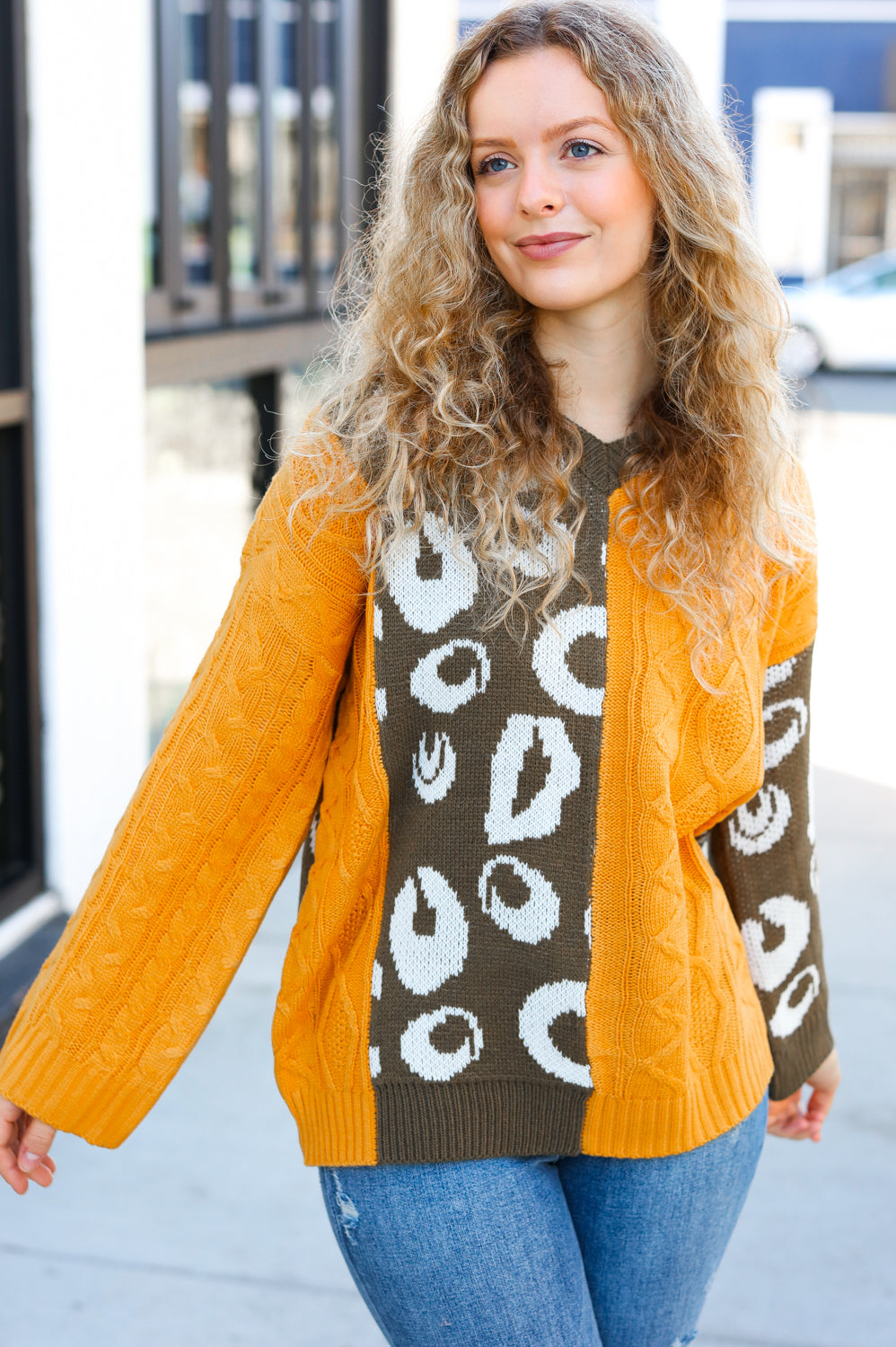 Call On Me Mustard & Olive Animal Print Cable Color Block Sweater BIBI