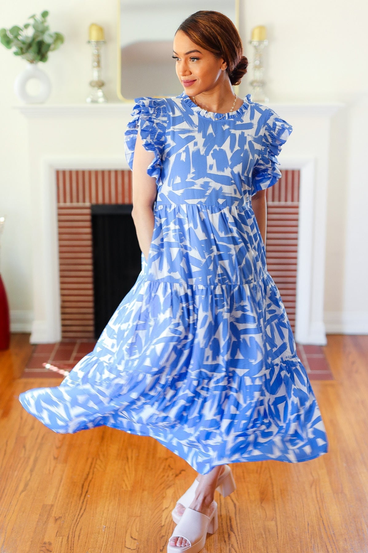 Love Found Sky Blue Abstract Print Tiered Smocked Ruffle Sleeve Maxi Dress Jodifl