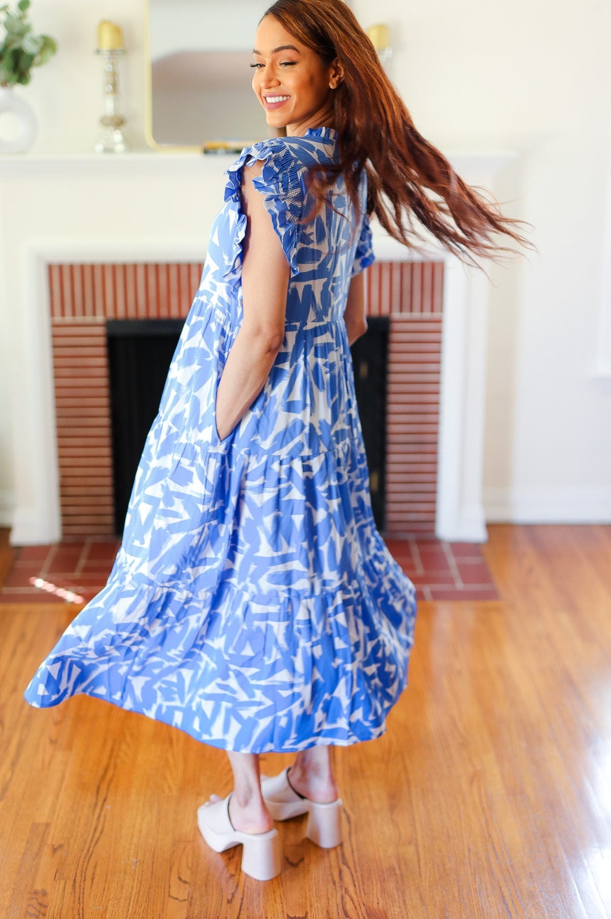 Love Found Sky Blue Abstract Print Tiered Smocked Ruffle Sleeve Maxi Dress Jodifl