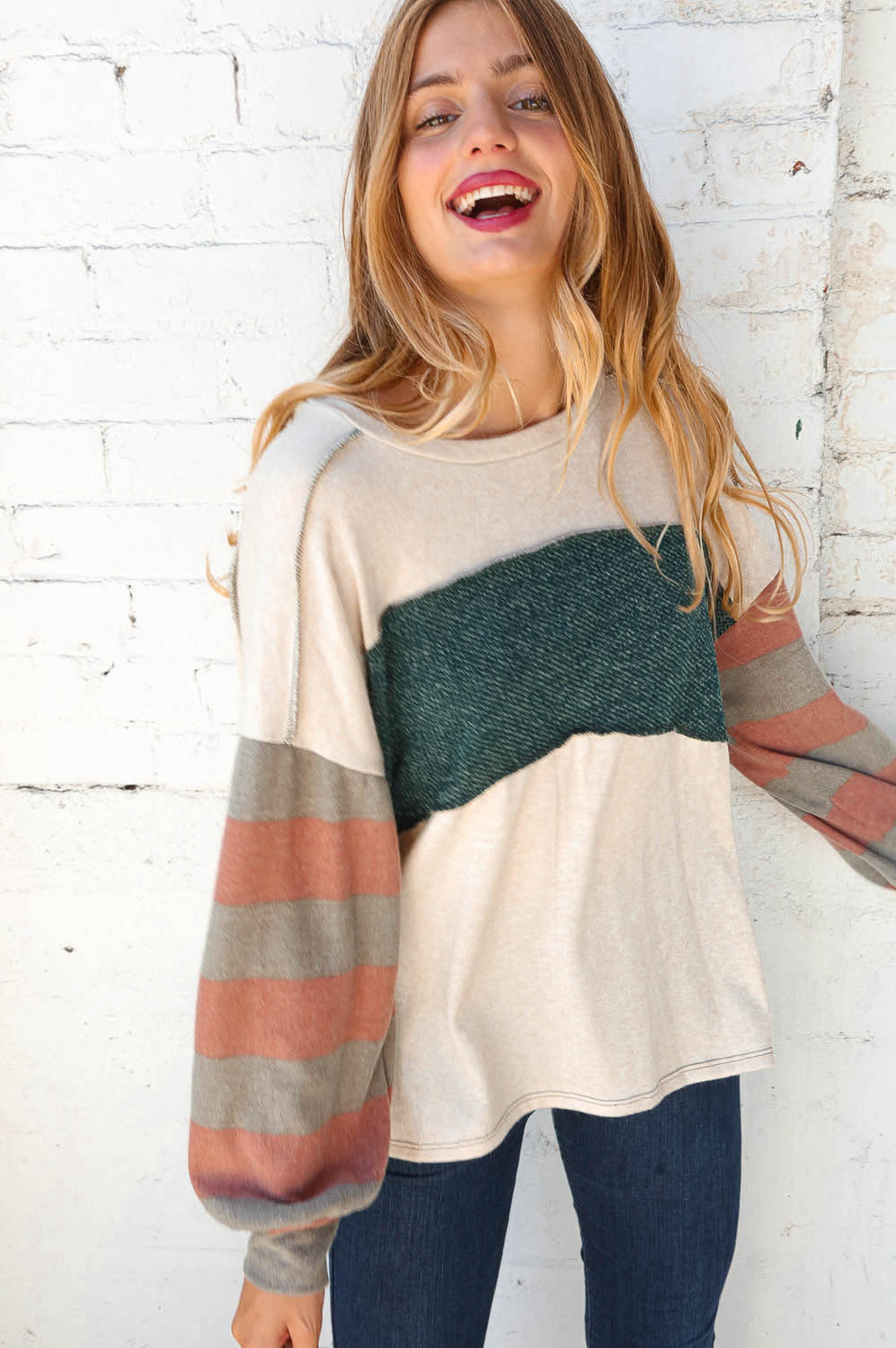 Hacci Two Tone Stripe Over Lock Stitching Sweater |   |  Casual Chic Boutique