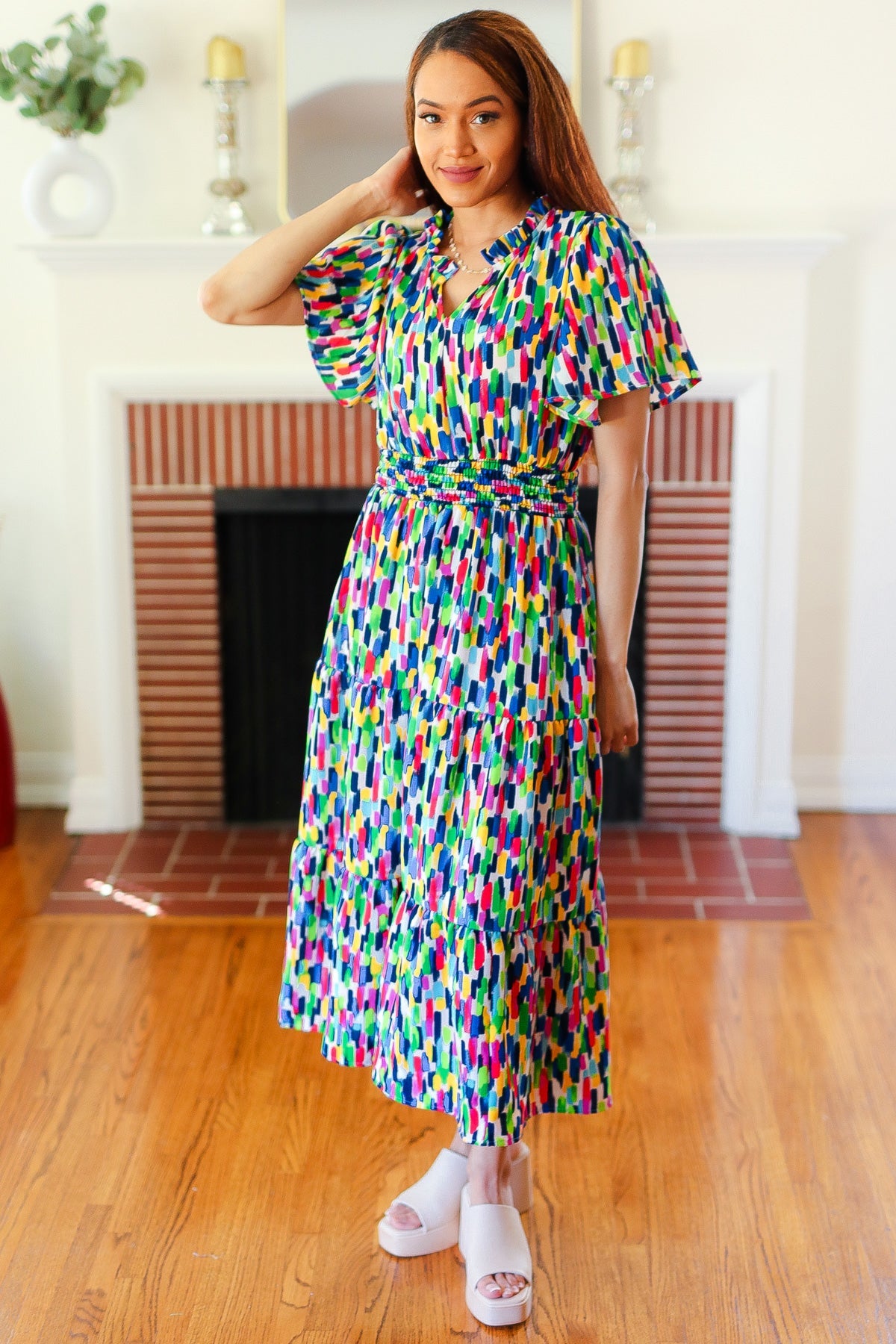 All For You Navy Multicolor Abstract Print Smocked Waist Maxi Dress Haptics