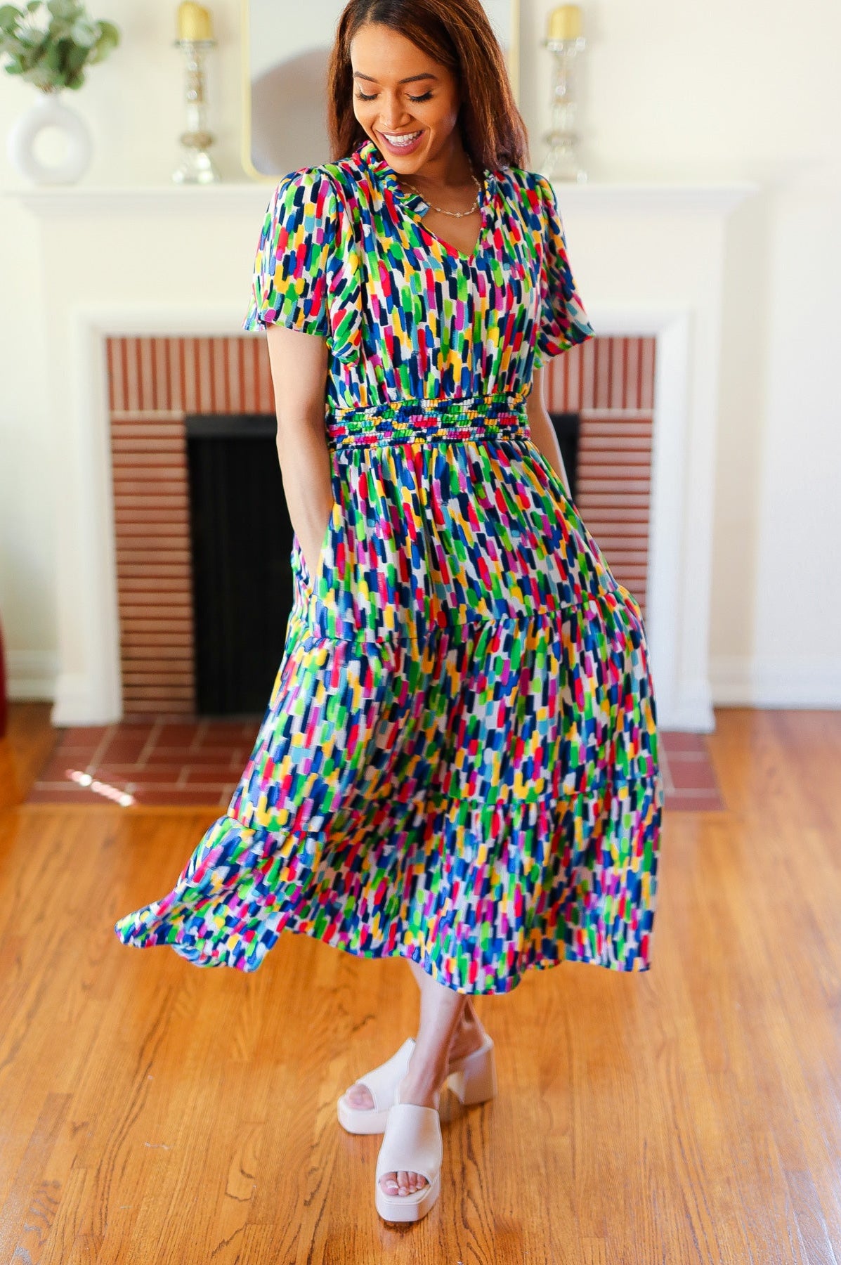 All For You Navy Multicolor Abstract Print Smocked Waist Maxi Dress Haptics
