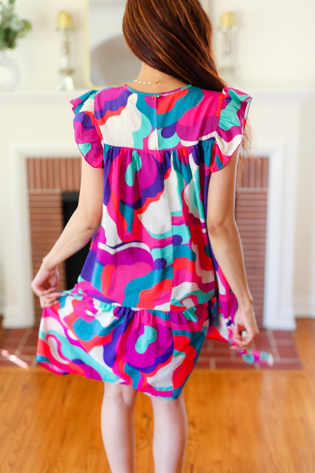 Go For Fun Fuchsia Geo Print Tiered Ruffle Sleeve Woven Dress Haptics