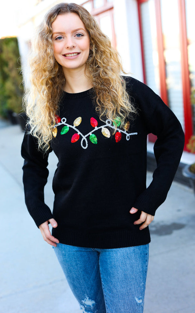It's Lit Black Sequin Embroidered Christmas Lights Sweater Haptics
