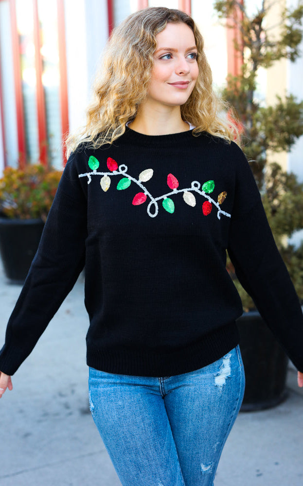 It's Lit Black Sequin Embroidered Christmas Lights Sweater Haptics