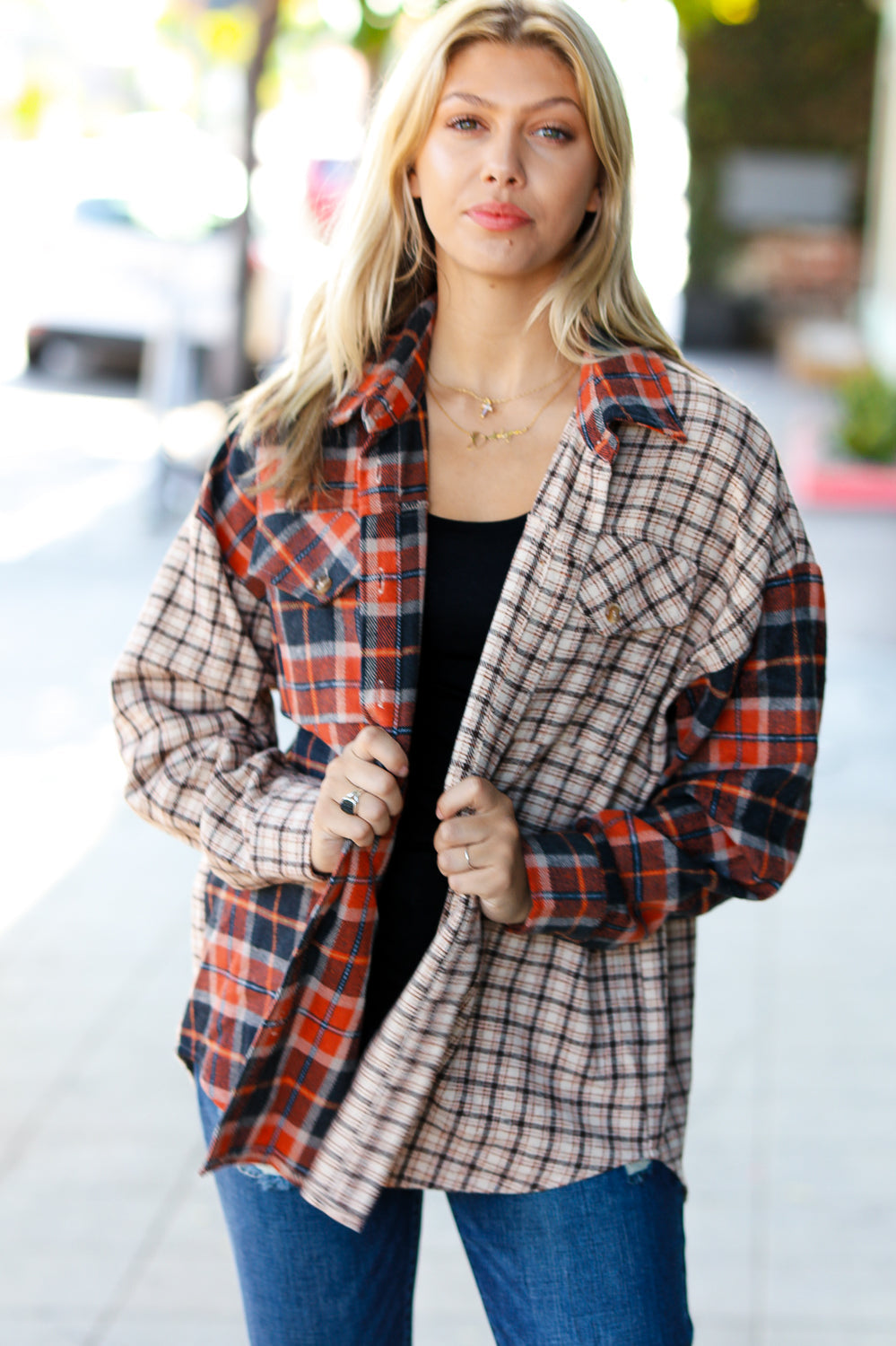 Calling On You Rust & Taupe Plaid Color Block Shacket Haptics
