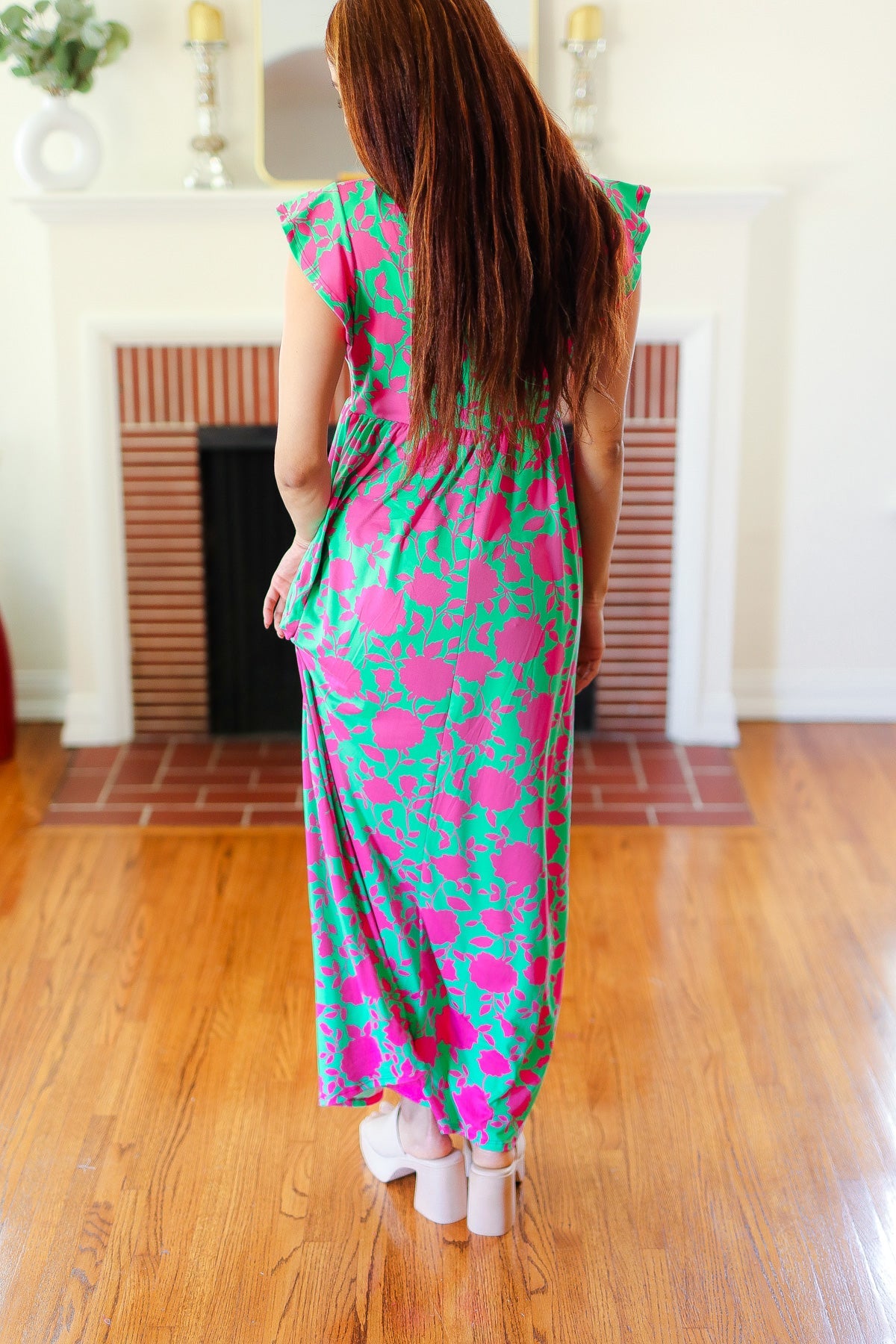 Stand Out Green & Fuchsia Floral Fit & Flare Maxi Dress Haptics