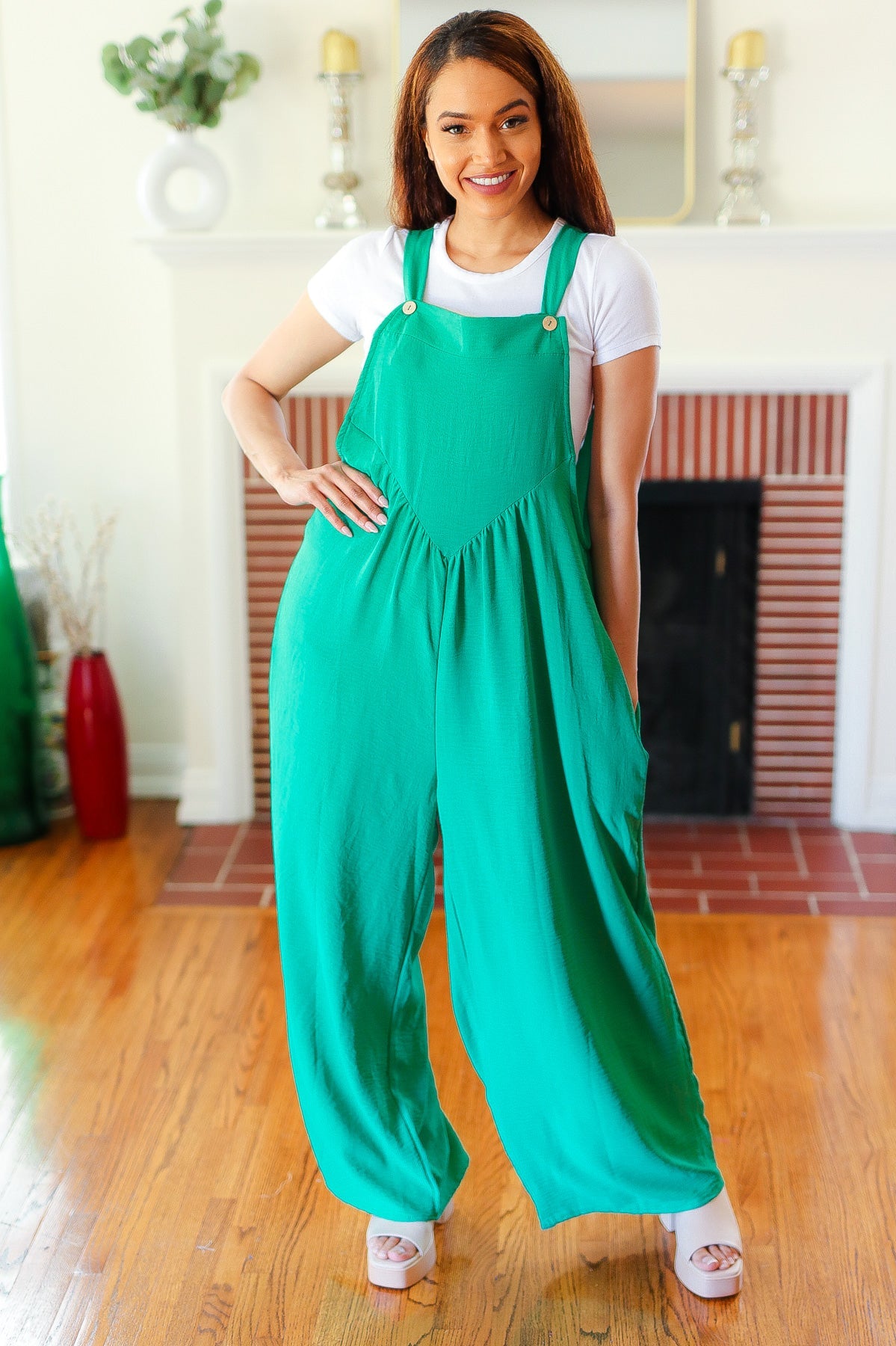 Summer Dreaming Emerald Wide Leg Suspender Overall Jumpsuit Haptics