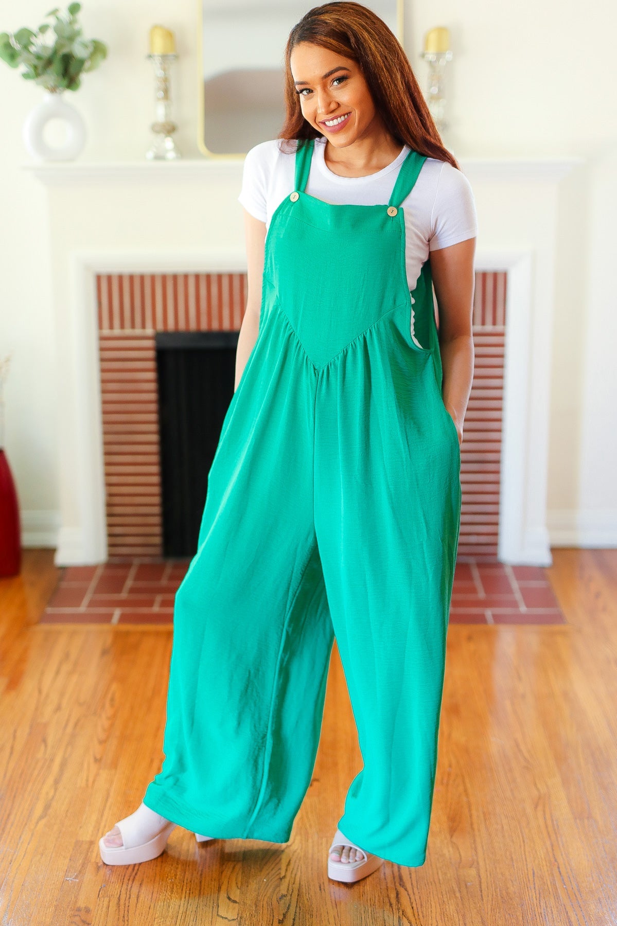 Summer Dreaming Emerald Wide Leg Suspender Overall Jumpsuit Haptics