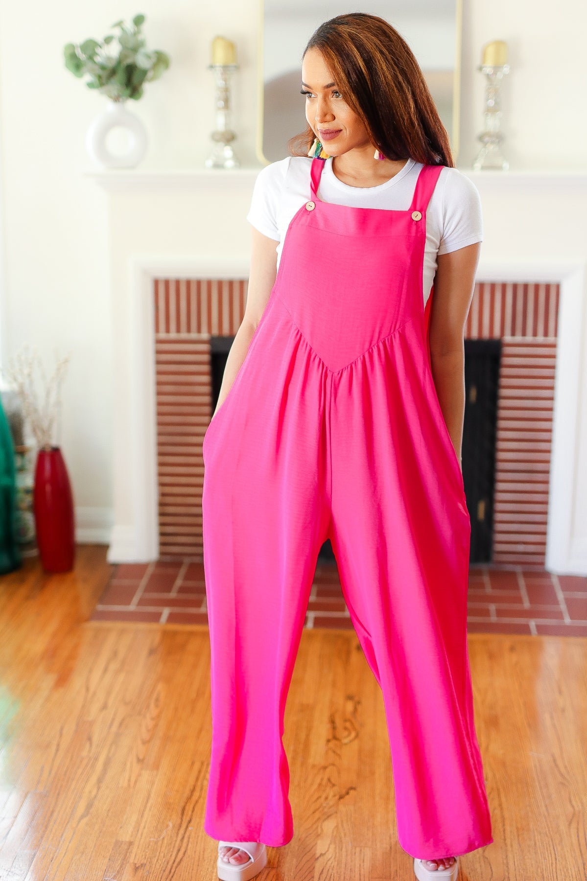 Summer Dreaming Pink Wide Leg Suspender Overall Jumpsuit Haptics