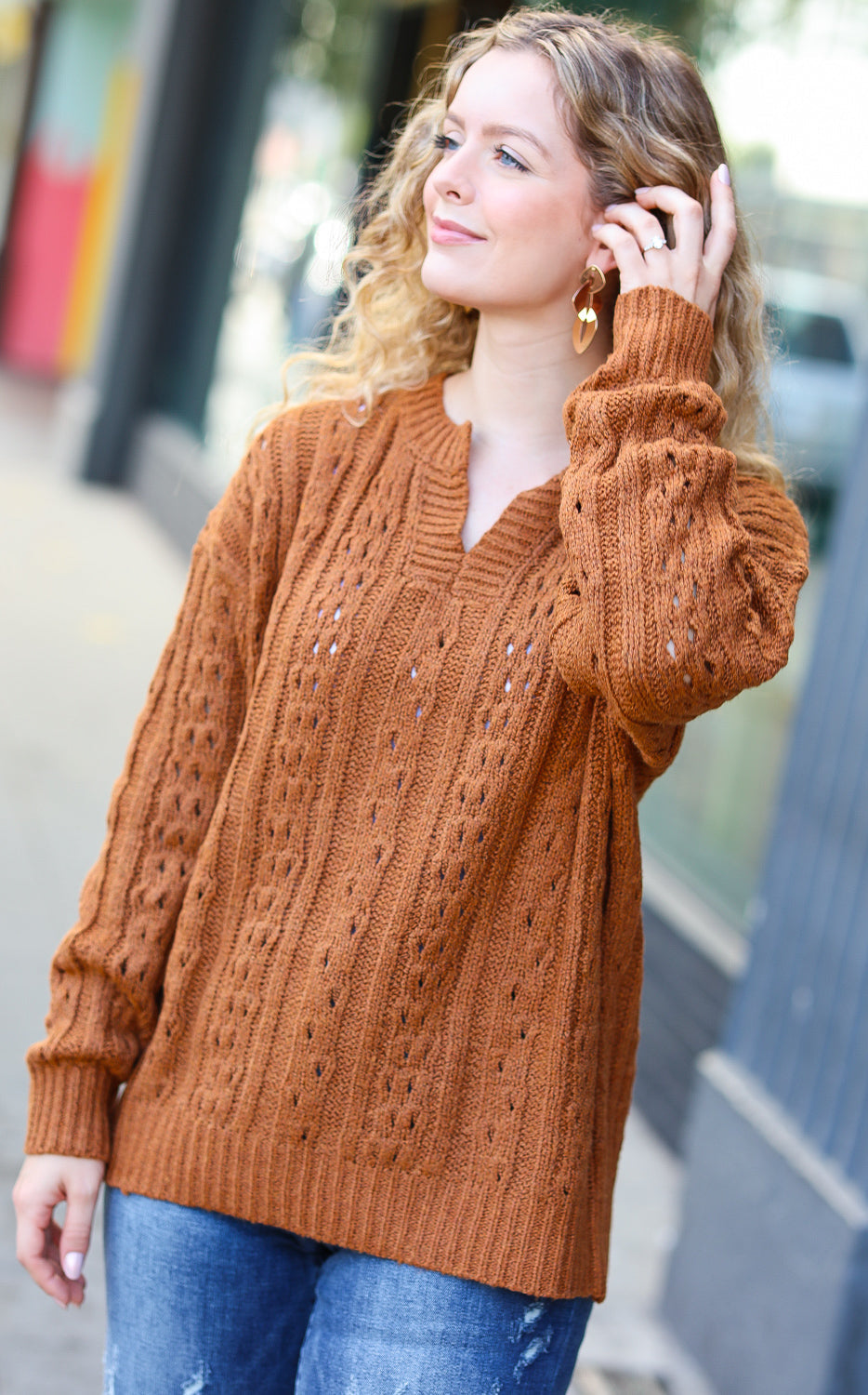 Can't Resist Rust Cable Knit Notched Neck Pullover Sweater Haptics