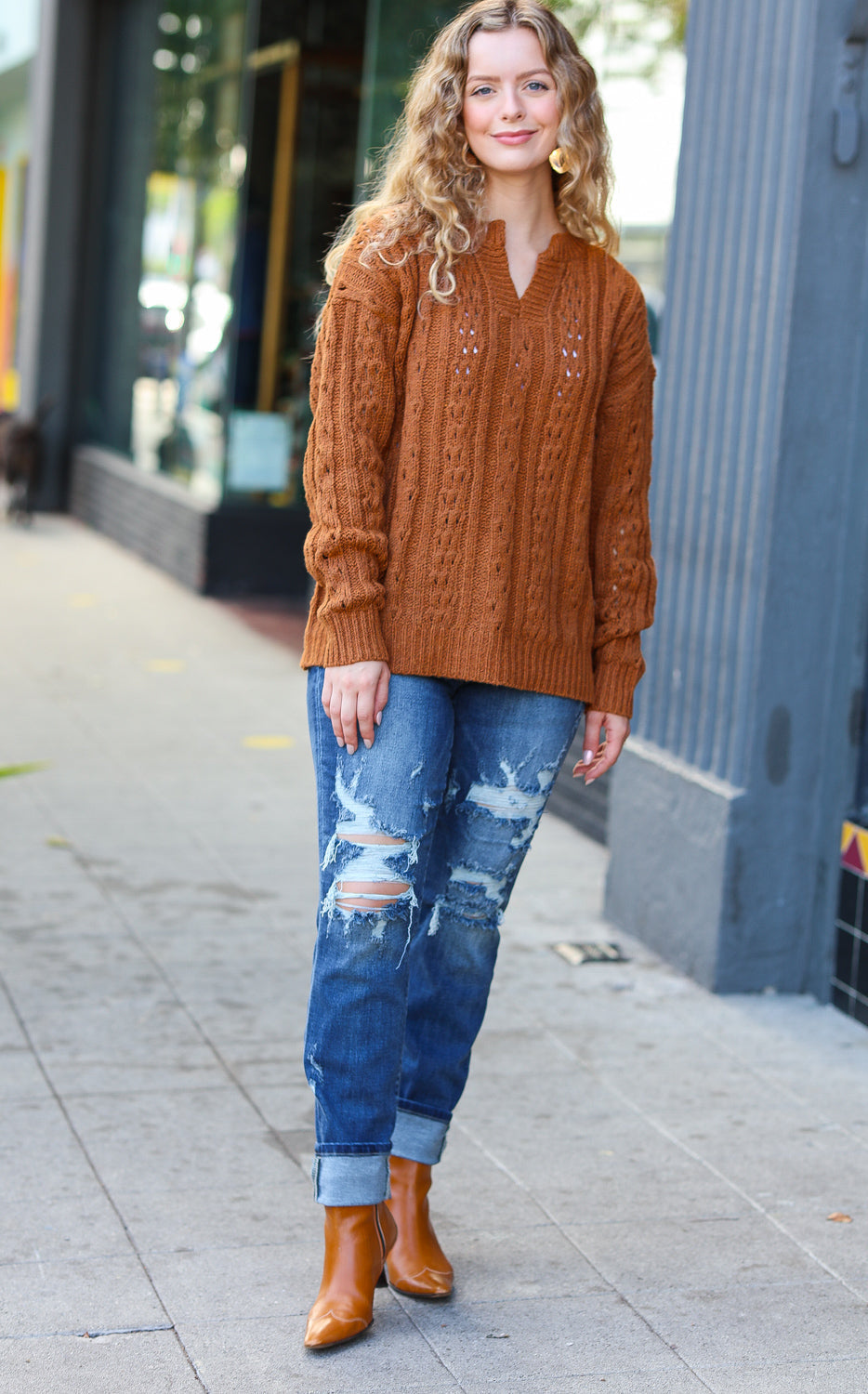 Can't Resist Rust Cable Knit Notched Neck Pullover Sweater Haptics