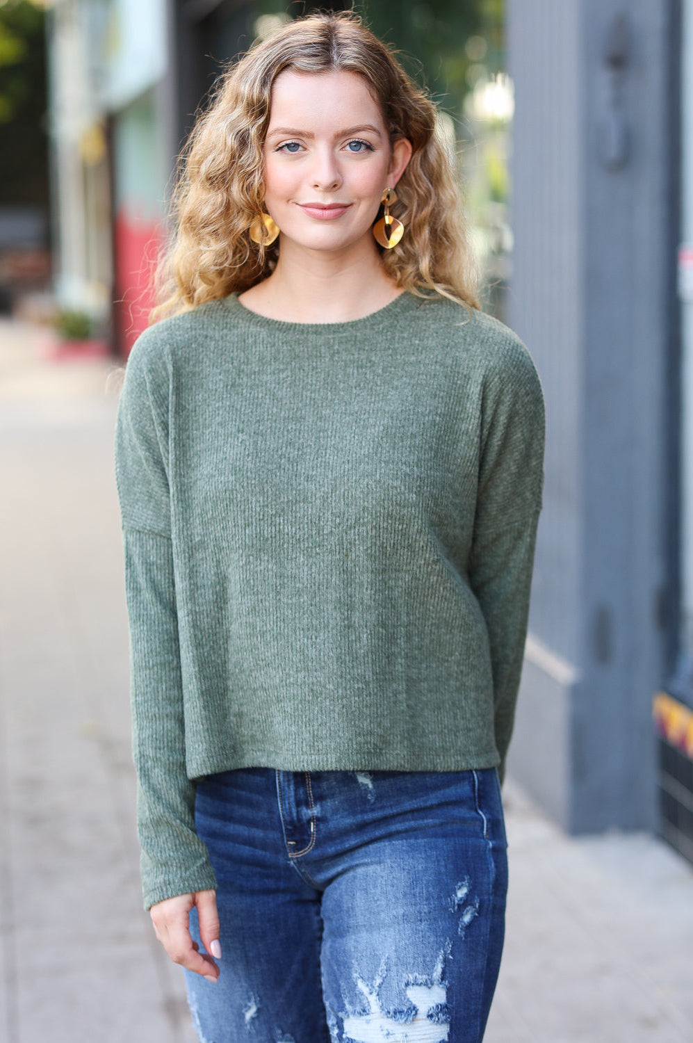 Stay Awhile Olive Ribbed Dolman Cropped Sweater Zenana