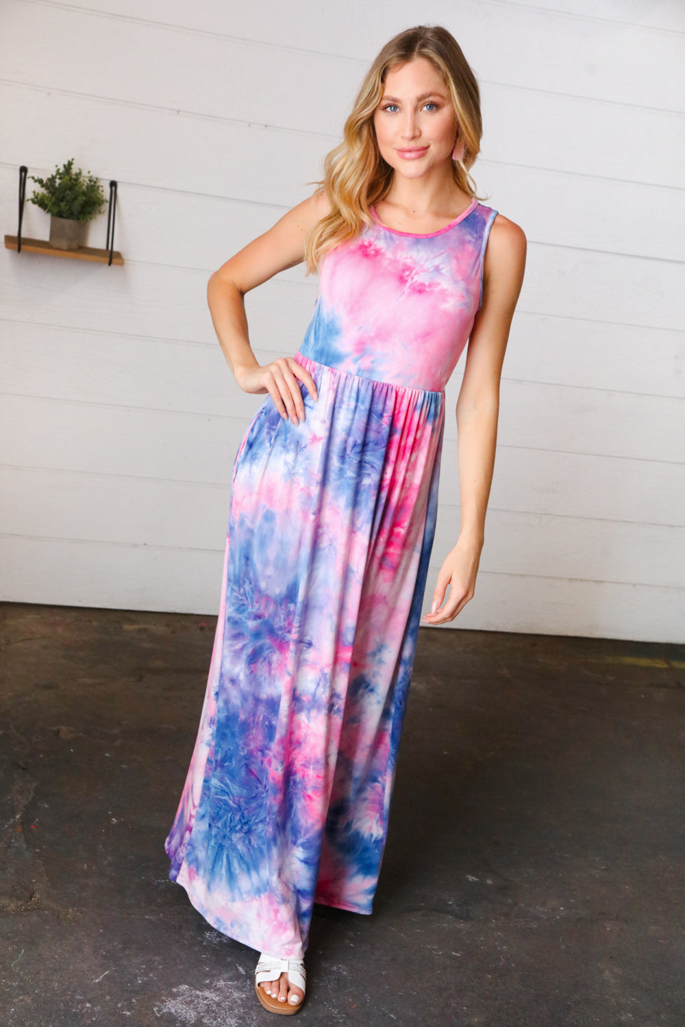 Pink & Blue Tie Dye Fit and Flare Sleeveless Maxi Dress Haptics