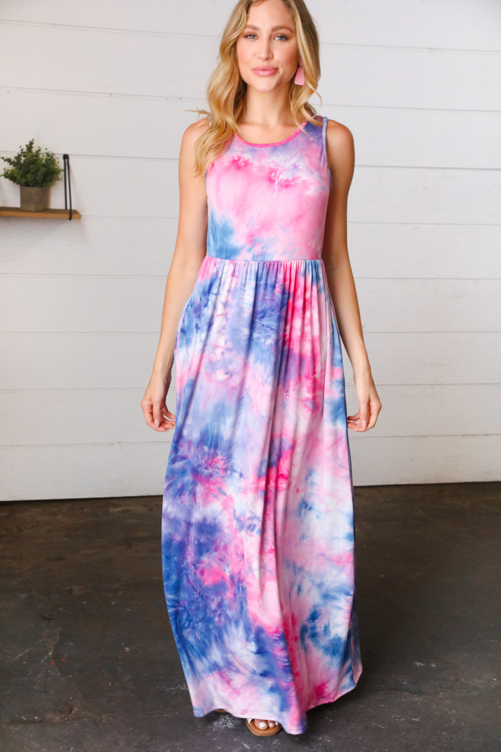 Pink & Blue Tie Dye Fit and Flare Sleeveless Maxi Dress Haptics