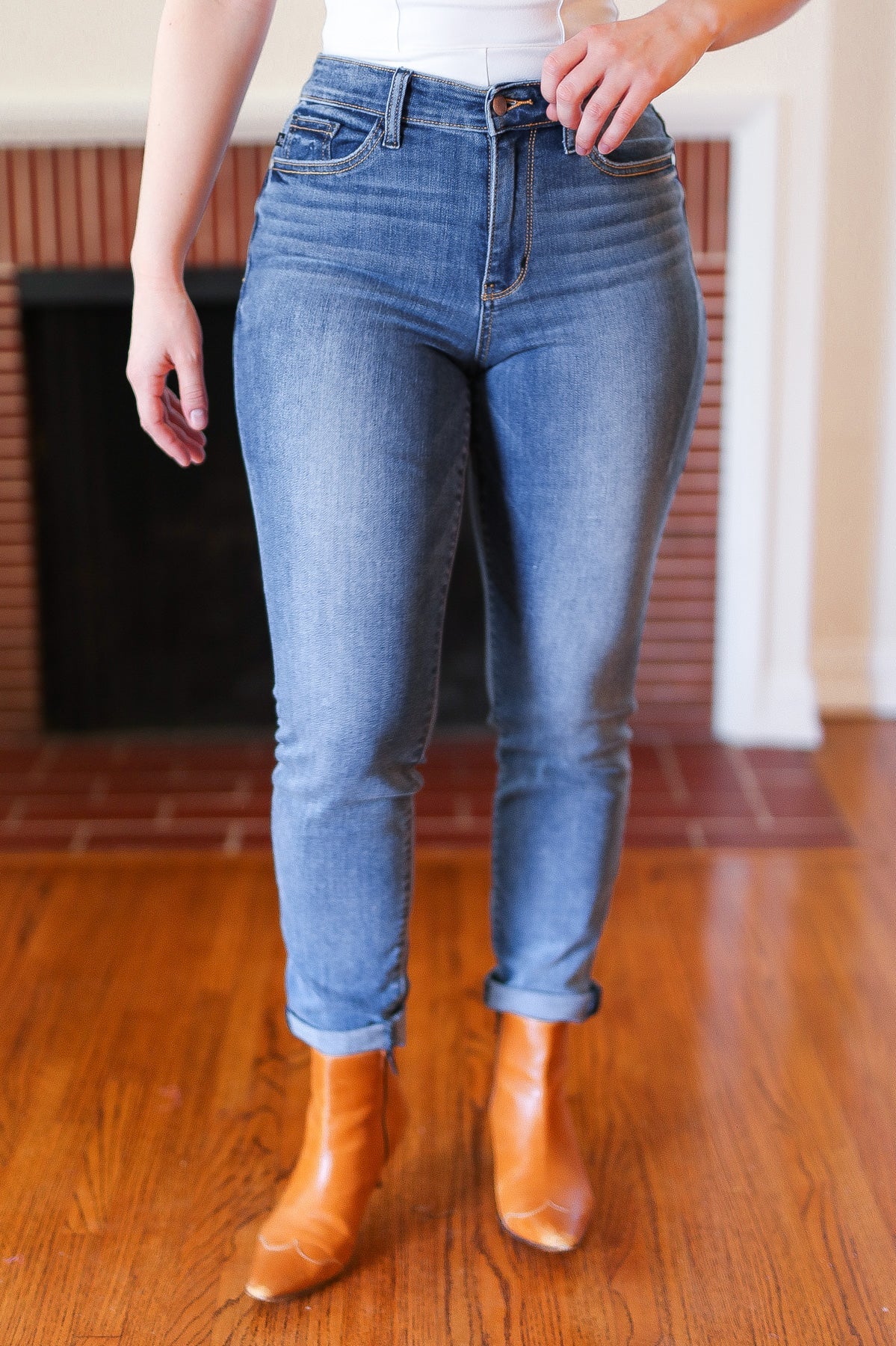 Medium Blue Mid-Rise Slim Fit Cuffed Jeans Judy Blue