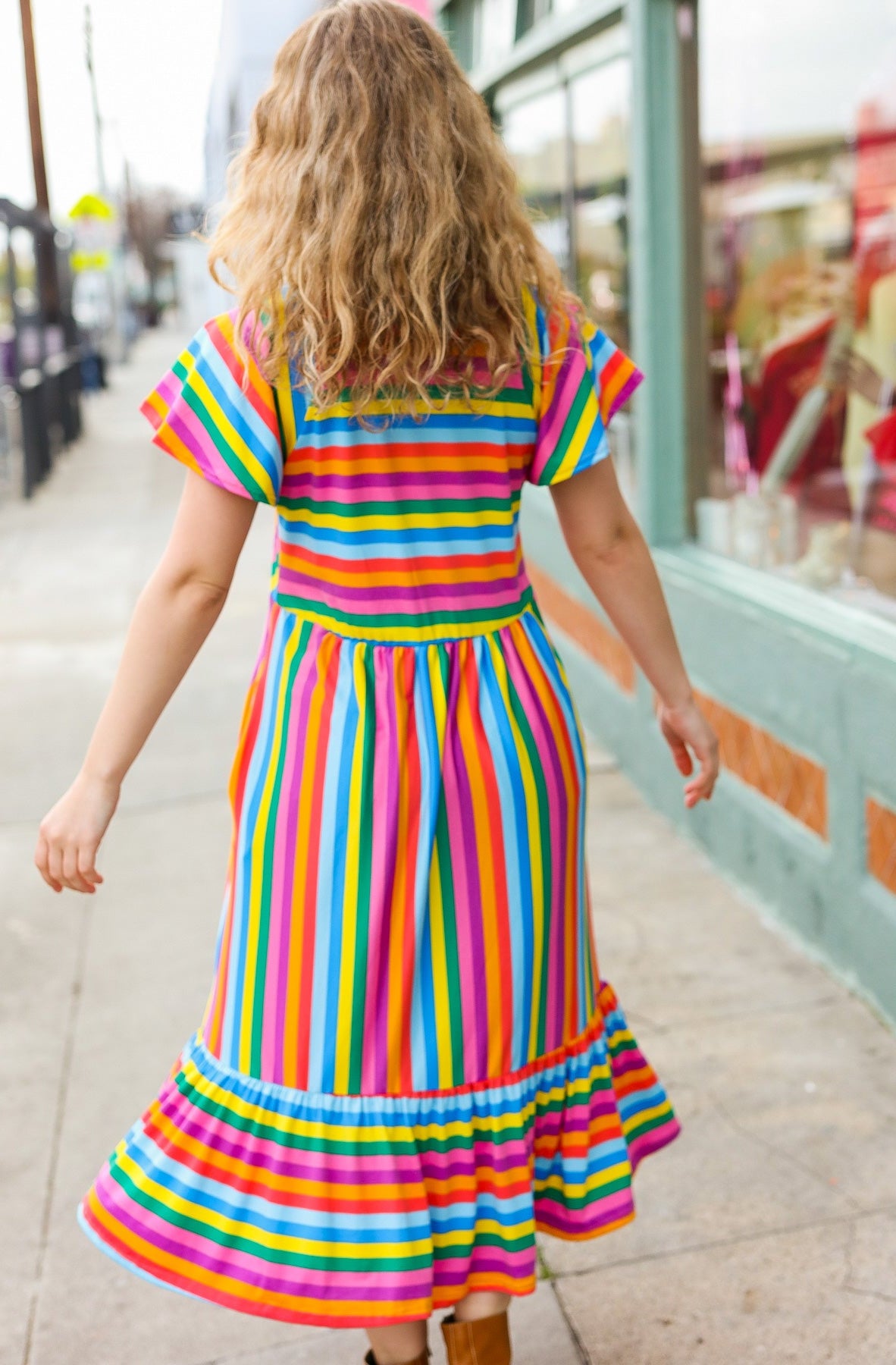 Bright Thoughts Rainbow Stripe Flutter Sleeve Fit & Flare Midi Dress Haptics