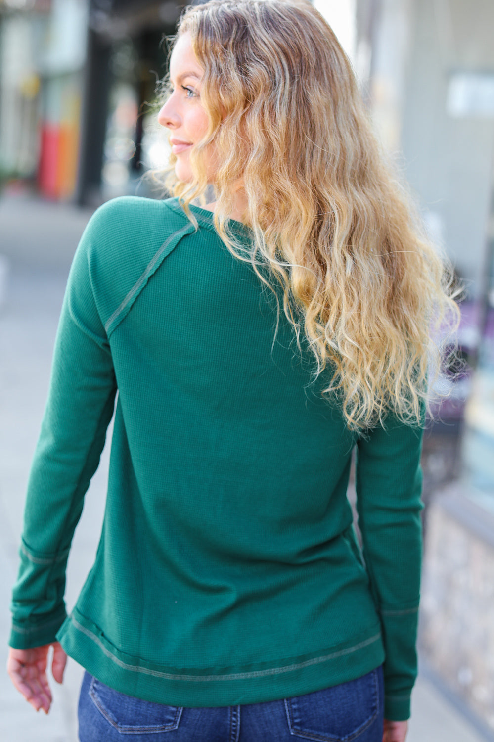 All I Need Hunter Green Contrast Stitch Henley Top Ces Femme