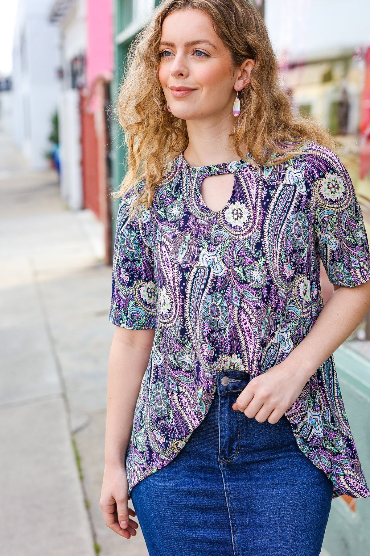 Navy Floral Paisley Front Keyhole Tunic Top Hayzel