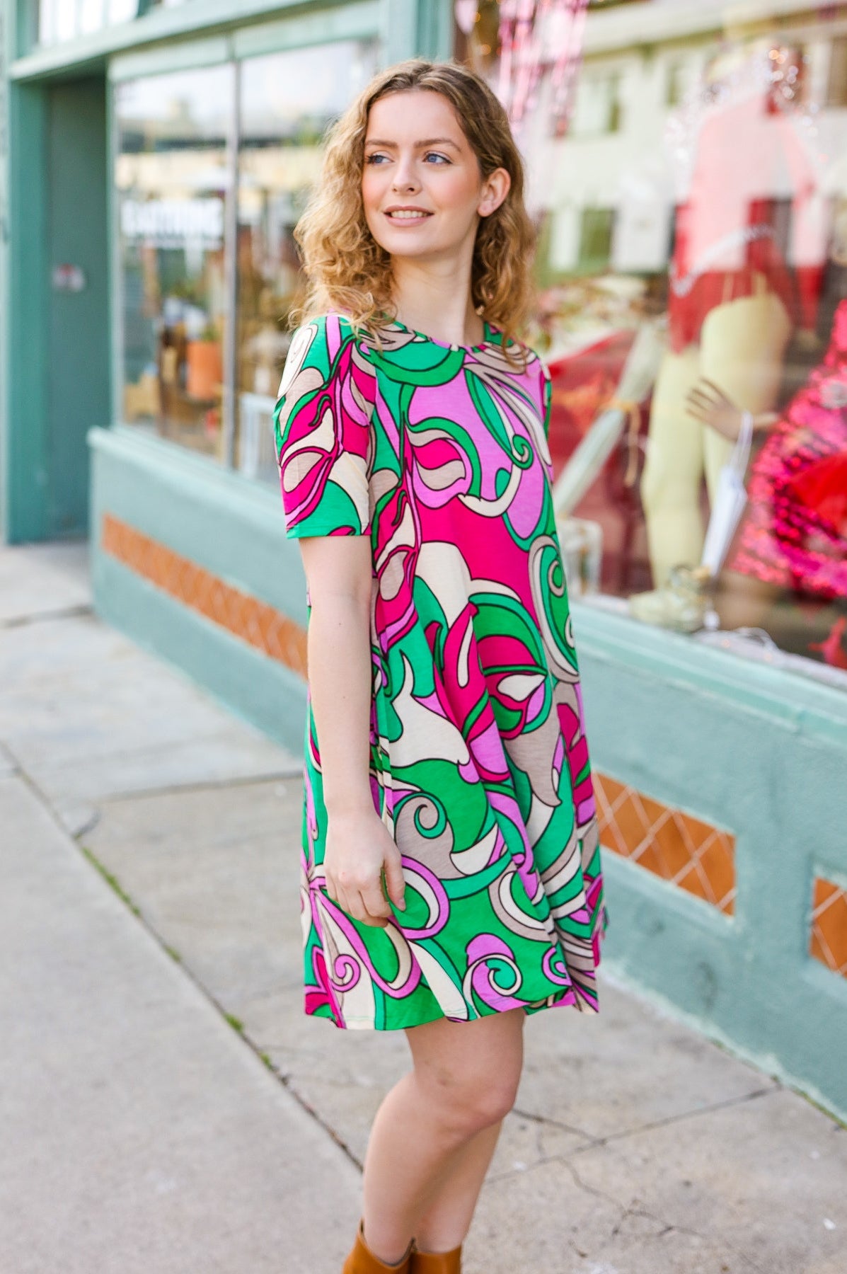 Feeling Bold Fuchsia & Green Abstract Floral Print Dress Hayzel