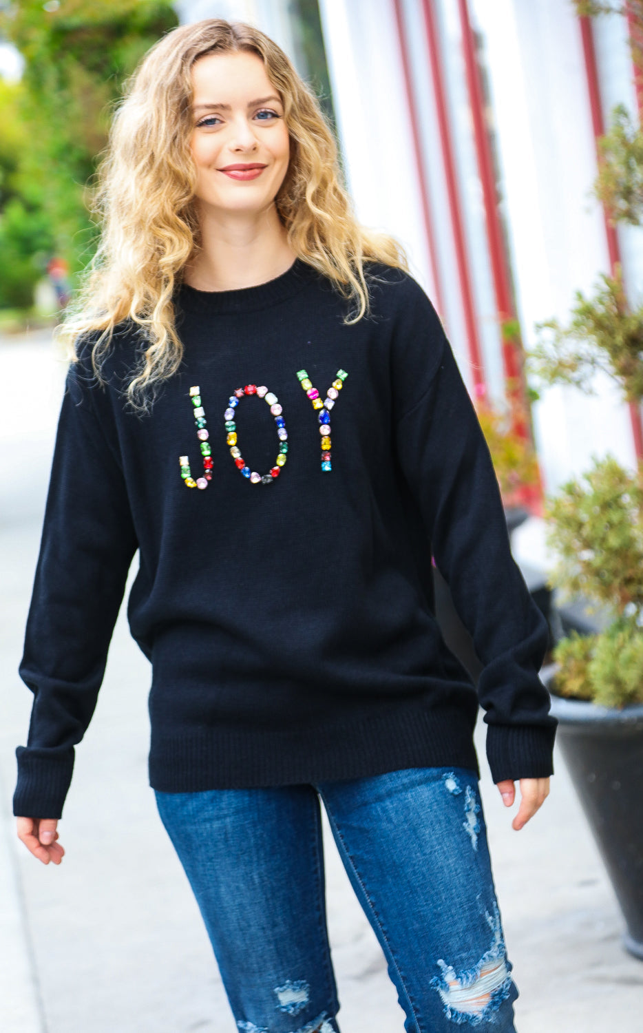 Give Back JOY Jewel Beaded Black Sweater Haptics