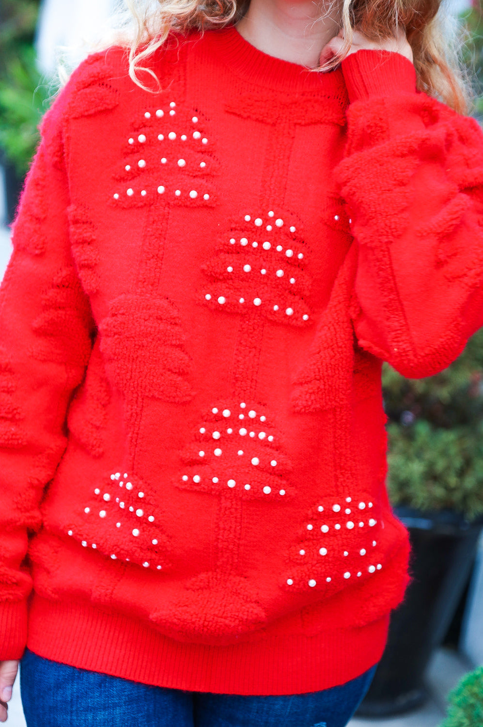 More The Merrier Red Pearl Christmas Tree Jacquard Sweater Haptics